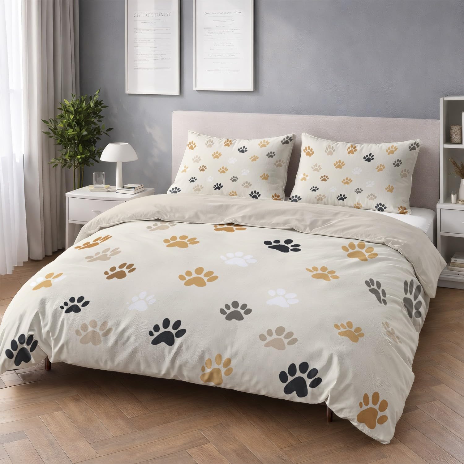 Funda Nordica Cama 150 Funda De Edredon 220 x 240 Juego De Ropa De Cama Sin Costuras Animales Huellas de Patas - Amarillo De Microfibra Suave Reversible Ropa De Cama Set con Funda De Almohada 50x75CM