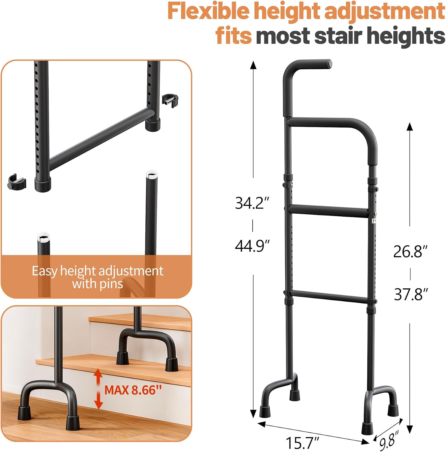 Stair Canes for Seniors, Adjustable Height Stair Lifts for Seniors, Portable Lightweight Stairlifts for Stairs, Slip-Resistant & Sturdy Stairlifts for Elderly - 300lbs Capacity, Fits Standard Steps