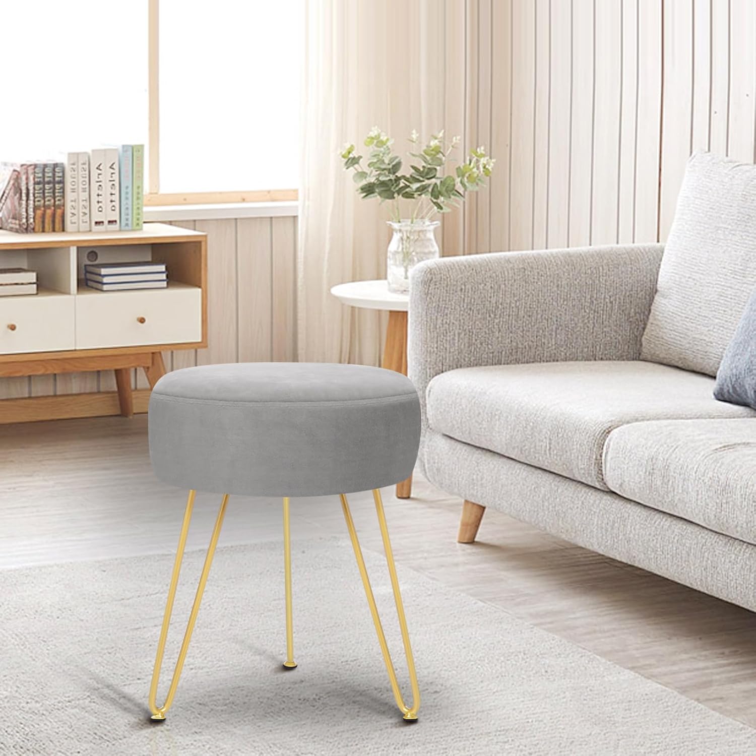 Velvet Soft Modern Vanity Stool -Round Footrest Stool Ottoman Side Table Seat Dressing with Golden Metal Leg and Sponge Filling,Upholstered Foot Rest, for Living Room and Bedroom (Gray)