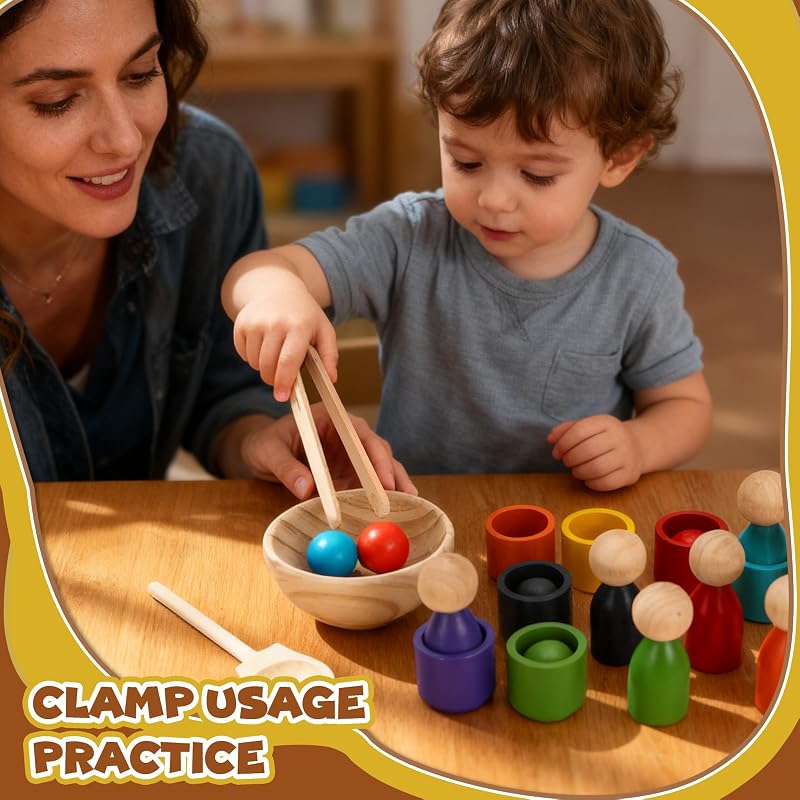 Jucărie educativă Montessori din lemn DNGH cu biluțe colorate în pahare pentru sortarea culorilor și numărare, pentru copii de 2-3 ani