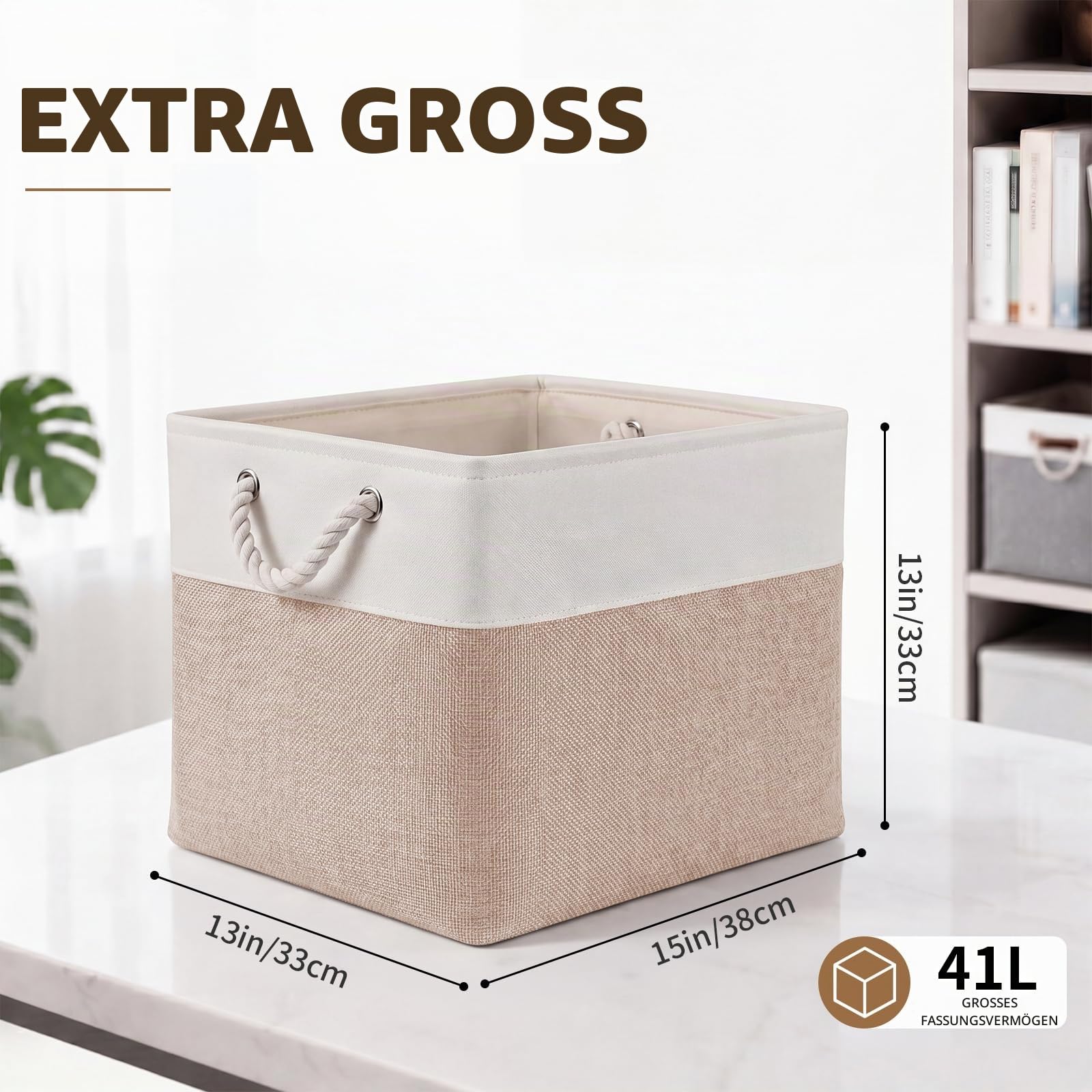 33×38cm Aufbewahrungsbox,Aufbewahrungskorb aus Stoff mit Tragegriffen,6 Stück faltbare Aufbewahrungskörbe,Geeignet für Bad,Schlafzimmer,Büro,Arbeitszimmer und Kinderzimmer(Weiß & Beige)