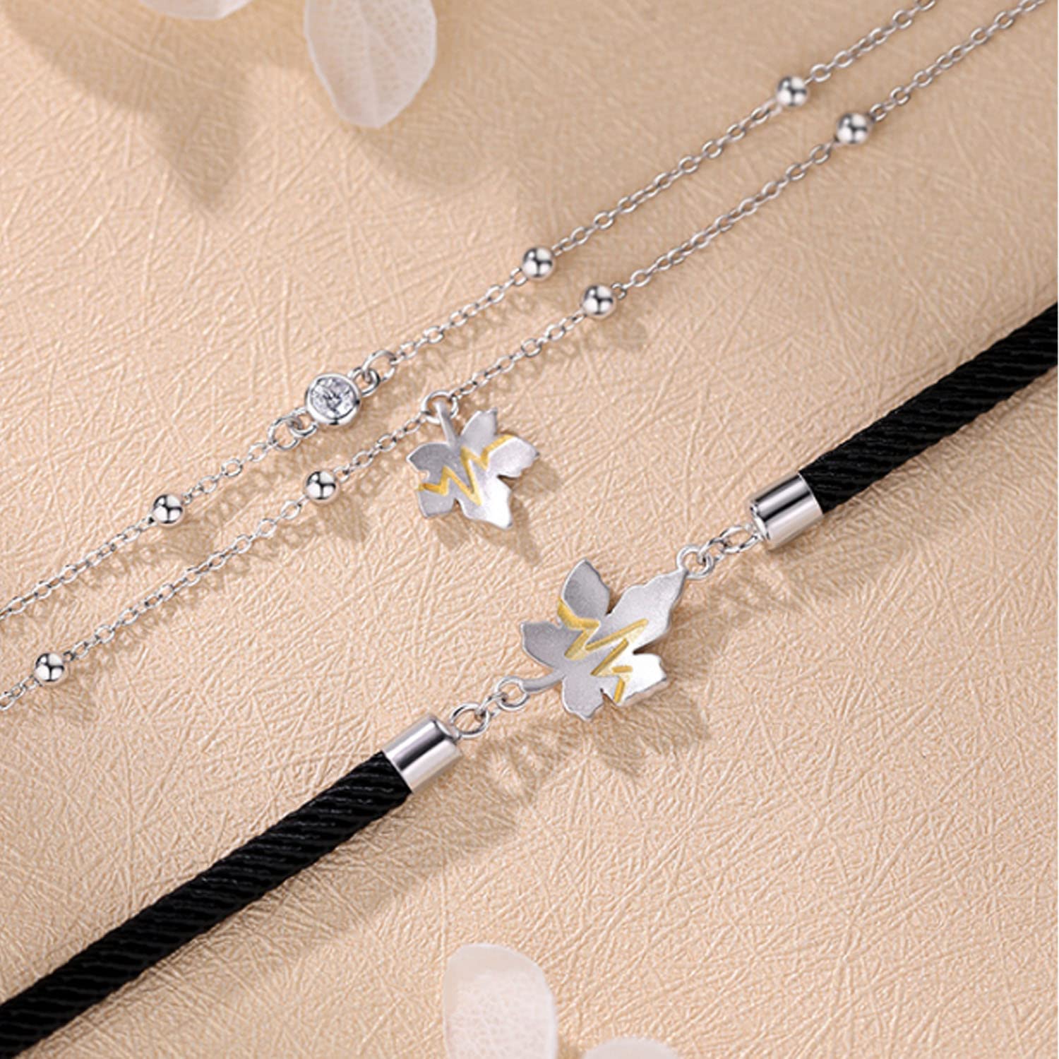 Pulsera de Pareja Diseño de Hoja de Arce Plata de Ley 925 Cuerda Trenzada Ajustable Promesa Relación Pulseras Regalos de Joyería