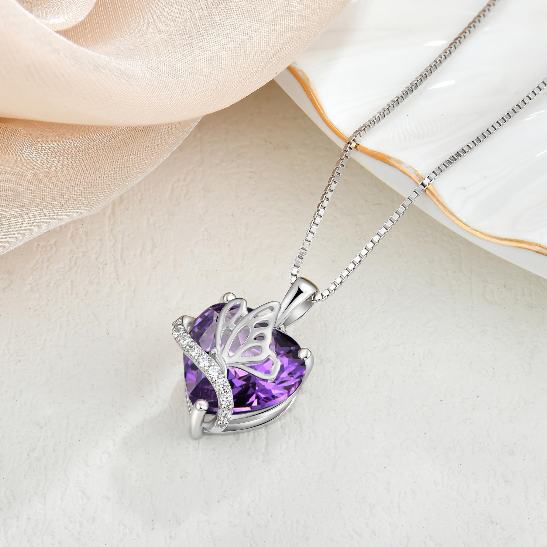 YL Herz Halskette 925 Sterling Silber Schmetterling Anhänger Kette 12 Geburtsstein Zirkonia Halskette Schmuck Geschenke für Damen Mutter Freundin
