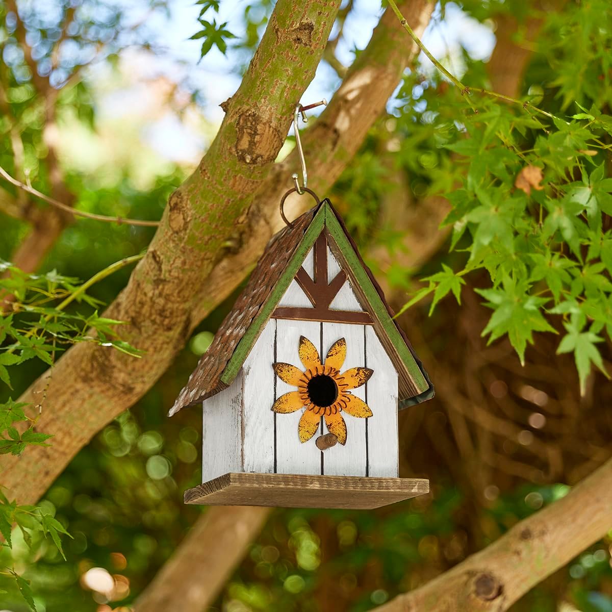 Glitzhome Bird Houses for Outside, Blue Bird Houses for Outdoors, 8.25" H Solid Wood Decorative Hanging Bird House Distressed Cottage Outdoor Garden Birdhouse with 3D Metal Roof and Flower
