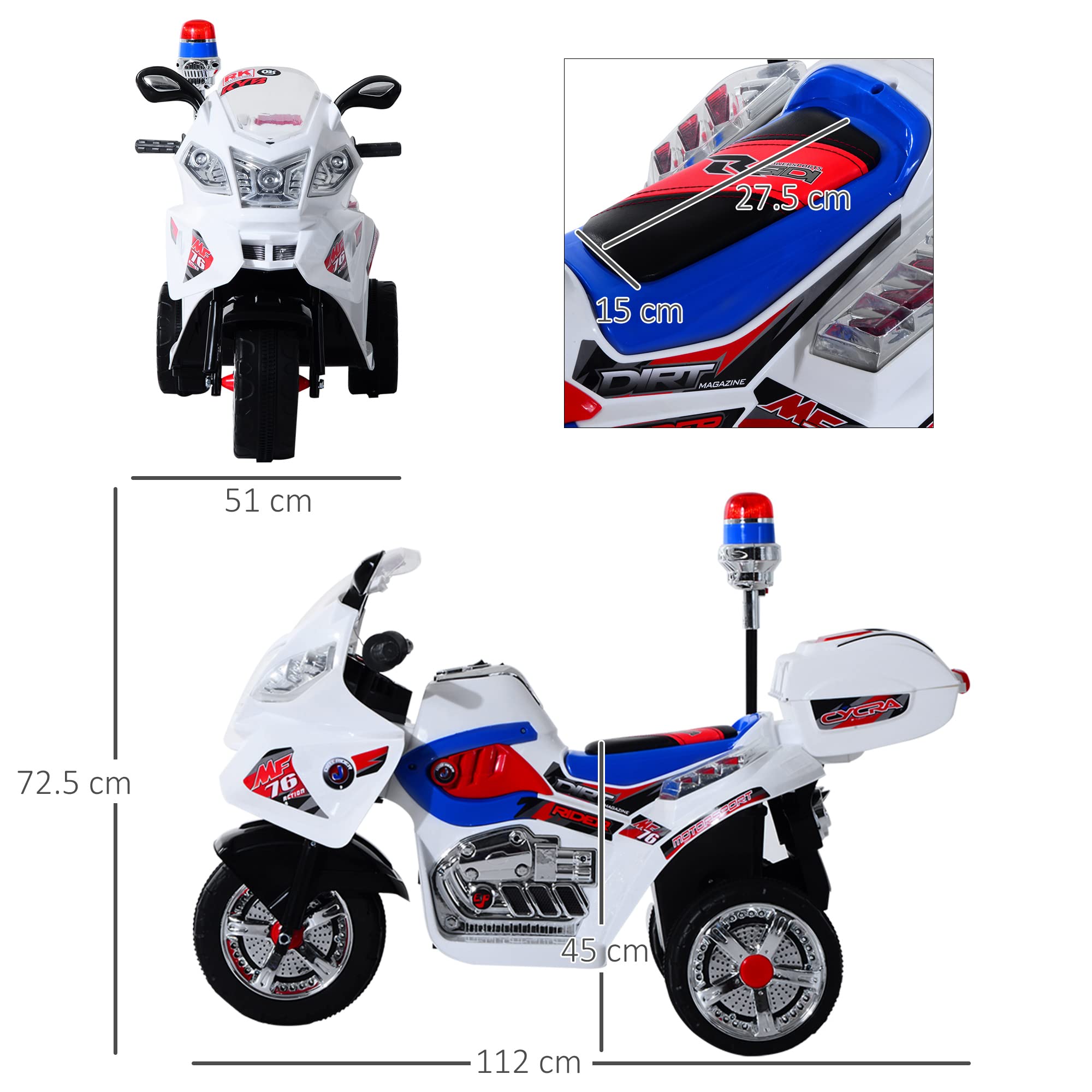 HOMCOM Moto Elettrica per Bambini 3-5 Anni 3 Ruote Musica 112×51×72.5cm
