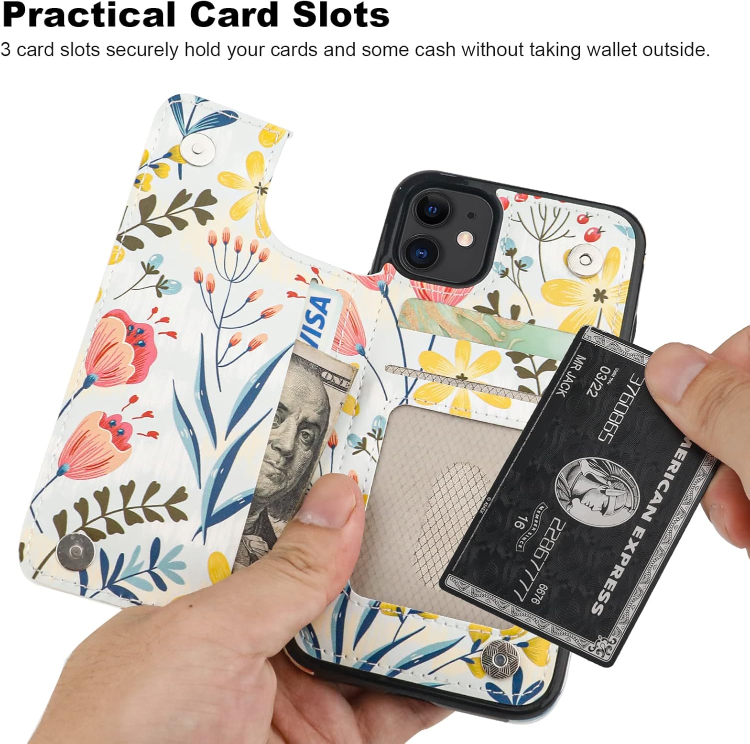 HAOPINSH for iPhone 11 Wallet Case with Card Holder, Floral Flower Pattern Back Flip Folio PU Leather Kickstand Card Slots Case for Women Girls, Double Magnetic Clasp Shockproof Cover 6.1" - Image 3