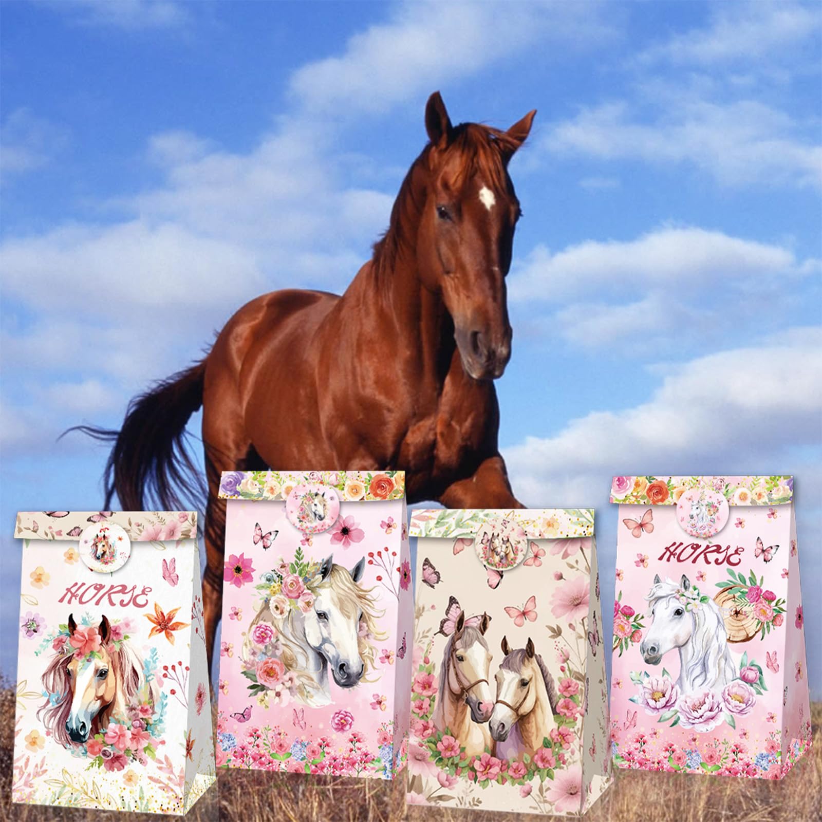MORAINJAY 12 Sacchetti Festa Cavalli, Sacchetti Regalo Tema Cavalli per Compleanno Bambini, Forniture per Feste Bambini Ragazzi e Ragazze (18 Adesivi