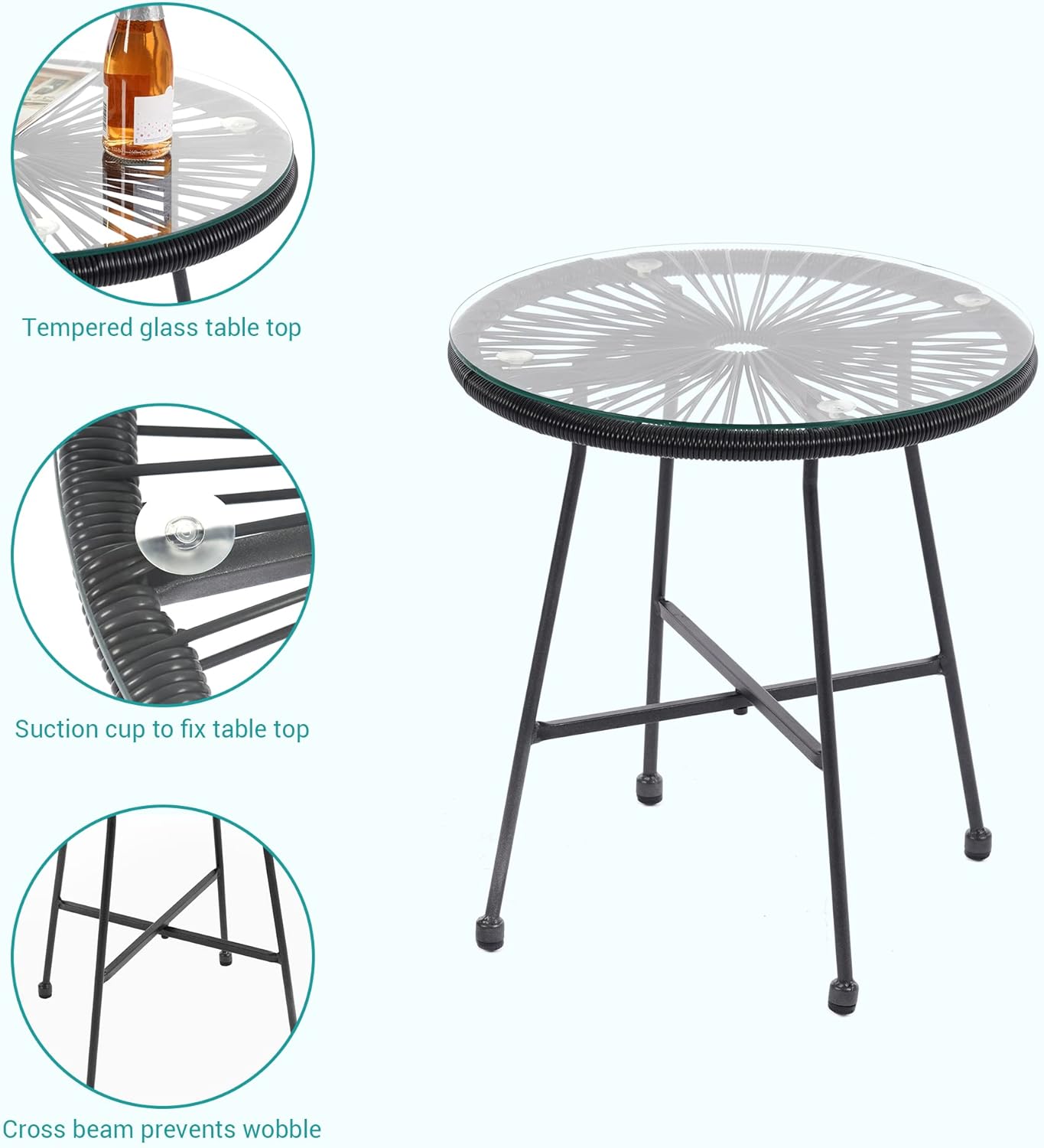 3-Piece Patio Furniture Set Acapulco Chair with Glass Top Table and 2 Chairs, Indoor and Outdoor Seating Set,Black