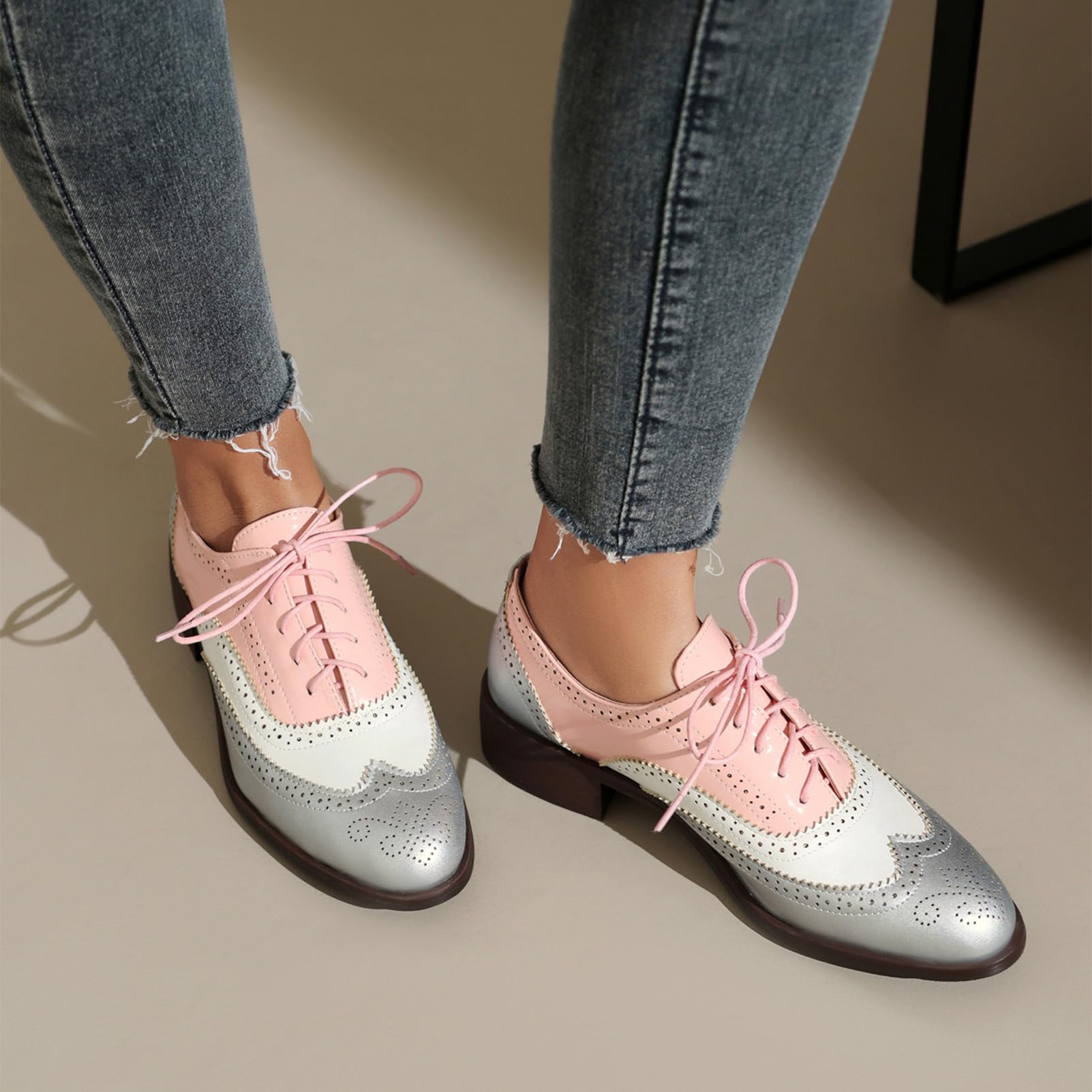 ANUFER Mujeres Color de Contraste Tacón de Bloque Wingtip Brogues Caña Baja Oxfords Zapatos de Salón
