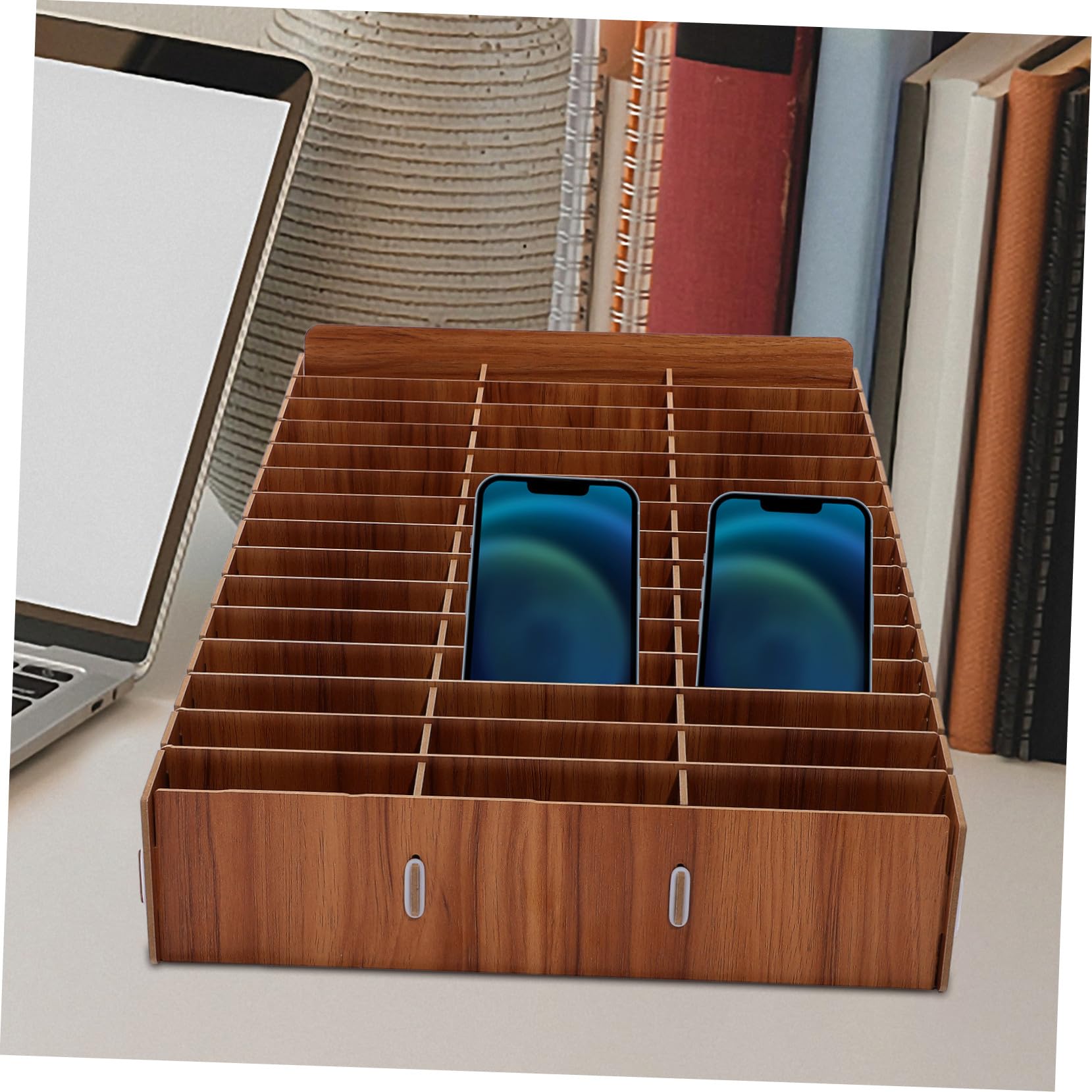 Caja de Almacenamiento de Madera para Móvil con Múltiples Compartimentos Organizador para Escritorio Aula y Oficina Soporte Seguro y Ordenado para Teléfonos Celulares Diseño Pulido