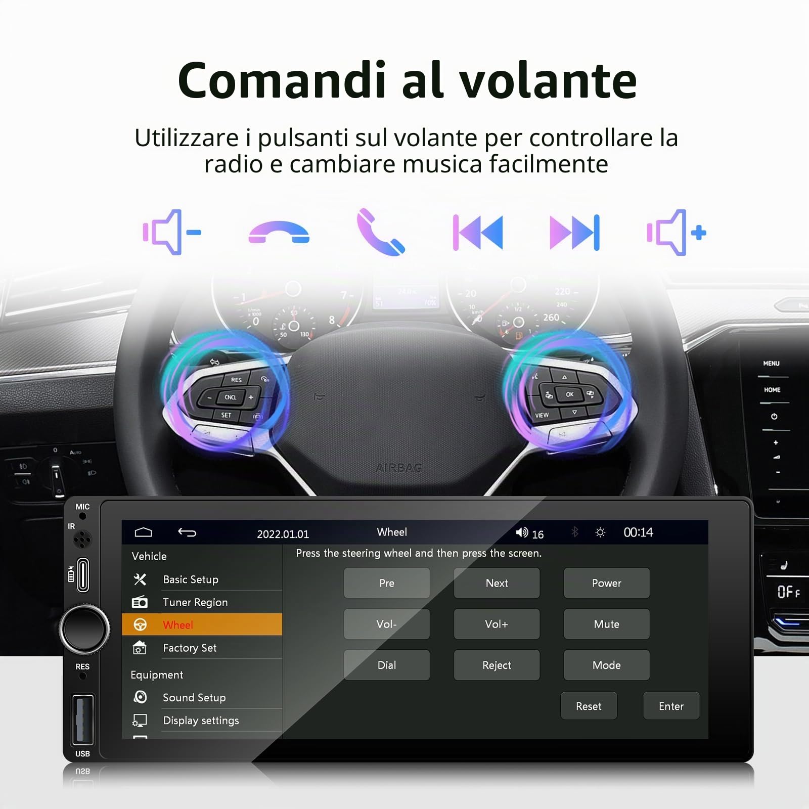 Autoradio 1 Din 6.86 Pollici con CarPlay e Android Auto Wireless Bluetooth | Schermo IPS MP5 fotocamera posteriore radio FM AM USB-C ricarica rapida e controllo volante per guida quotidiana