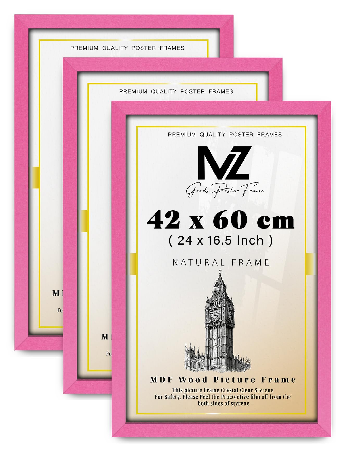 MZ GOODS pack of 3 MDF Poster Frame (42 x 60 CM) 16.5" x 24" for Movie Posters, Sketch Art, MDF Wood Finish, Secure Hanging Hooks for Display [ Pink ]