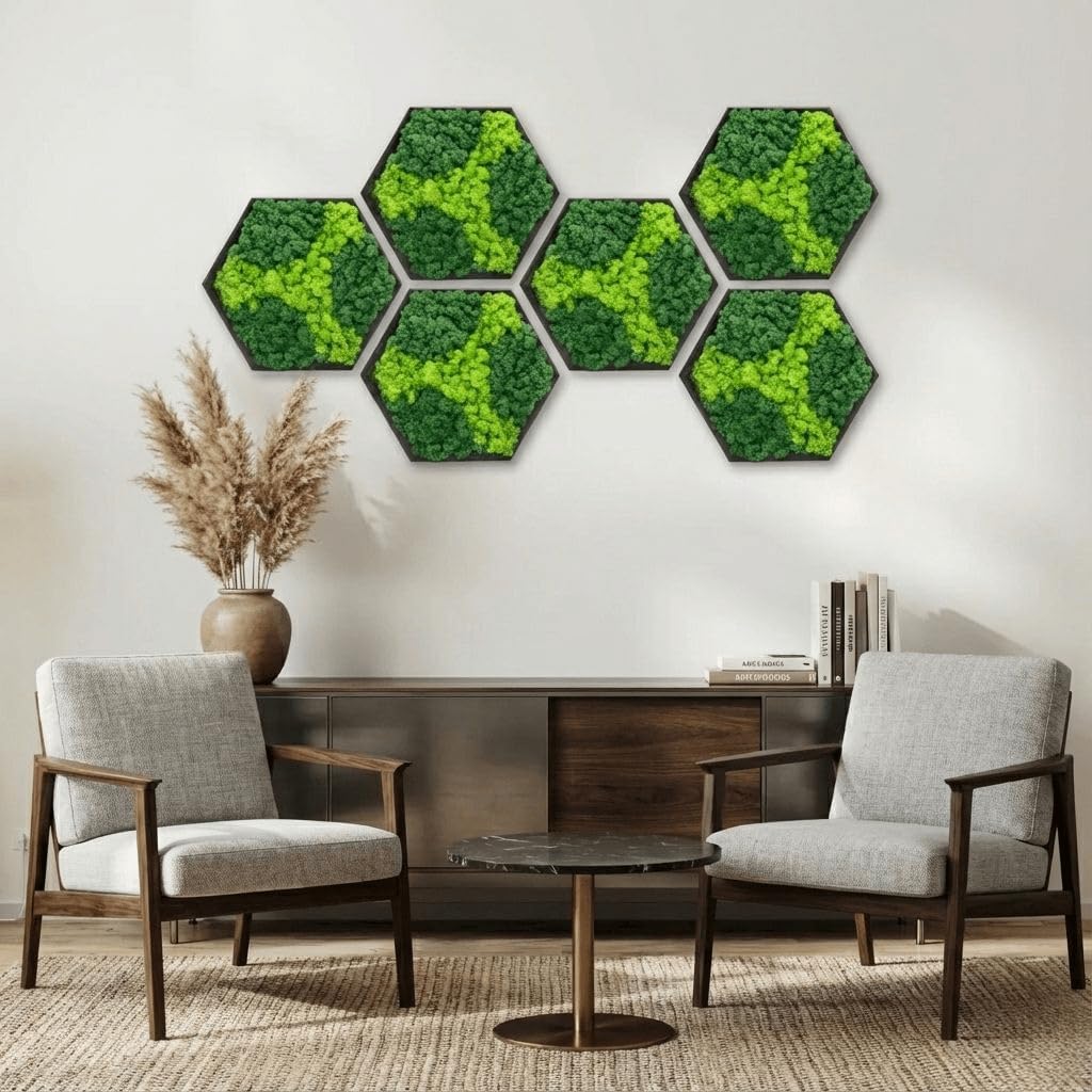 Luminamoss Hexagon Moss Wall Art, Handmade Preserved Moss Wall Decor, Natural Wood Frame Botanical Wall Hanging for Living Room, Office and Bedroom (Set of 6)