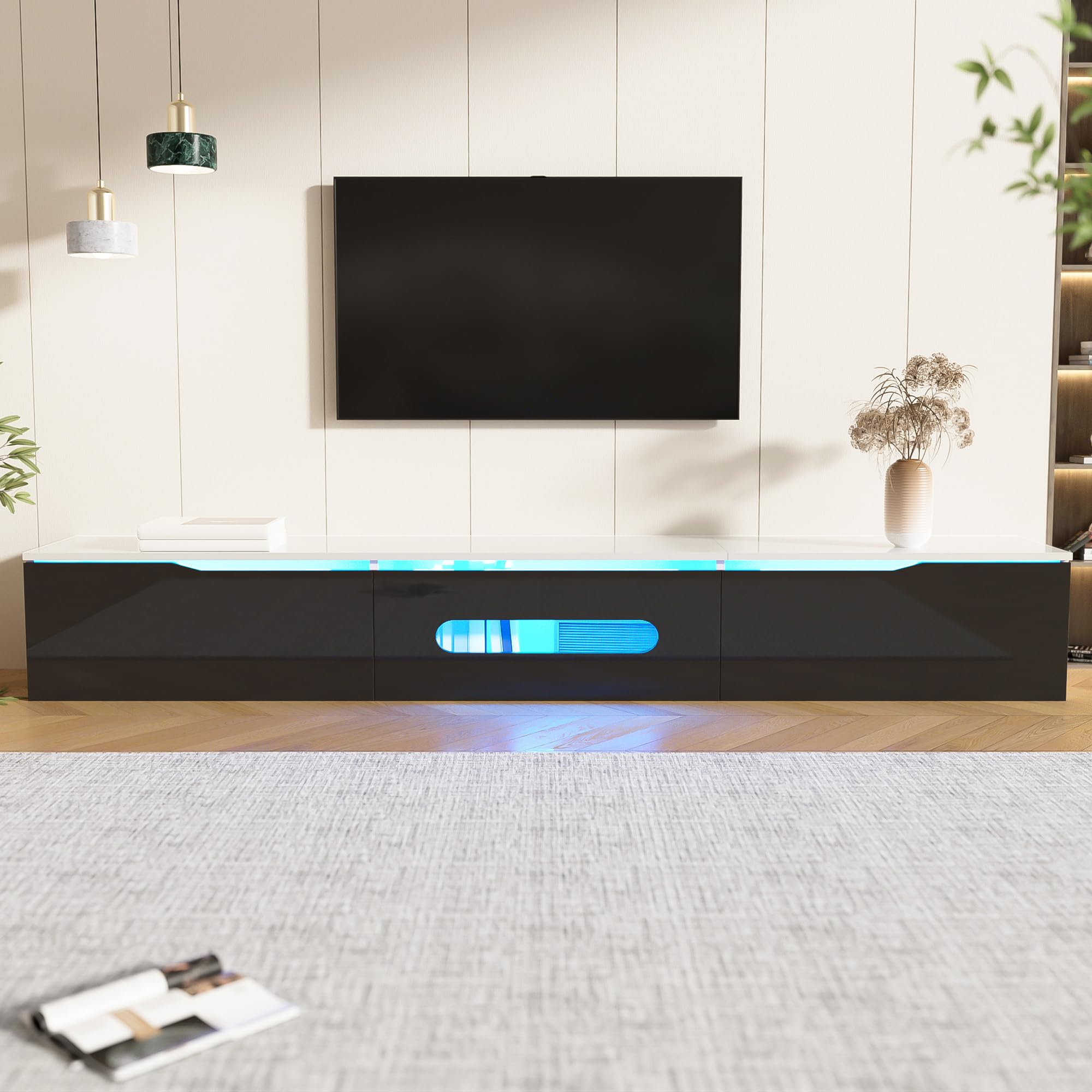 Mueble de TV con iluminación LED colgante y de pie, armario de TV para salón, tablero de fibra de densidad media y aglomerado, puertas en negro, 180 x 35 x 30 cm
