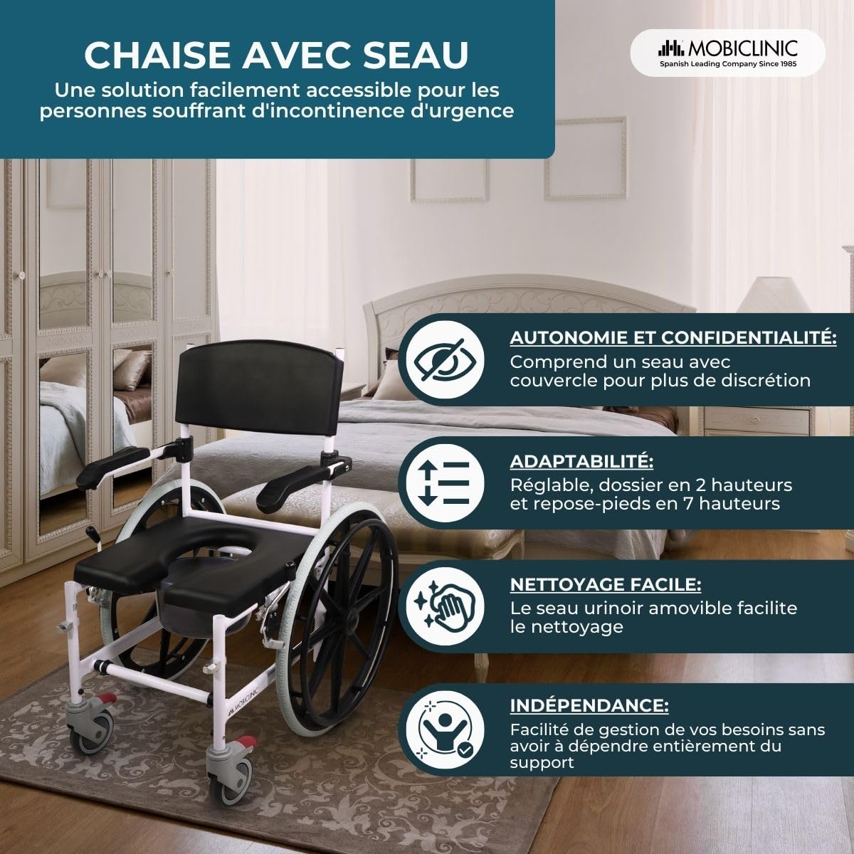 Mobiclinic®, Chaise de Bain et de Douche à Roulettes, Toilette Portable, Avec Cuvette Amovible, Automotrice, Réglable en Hauteur, Repose-pieds et Accoudoirs Rabattables, Caligula