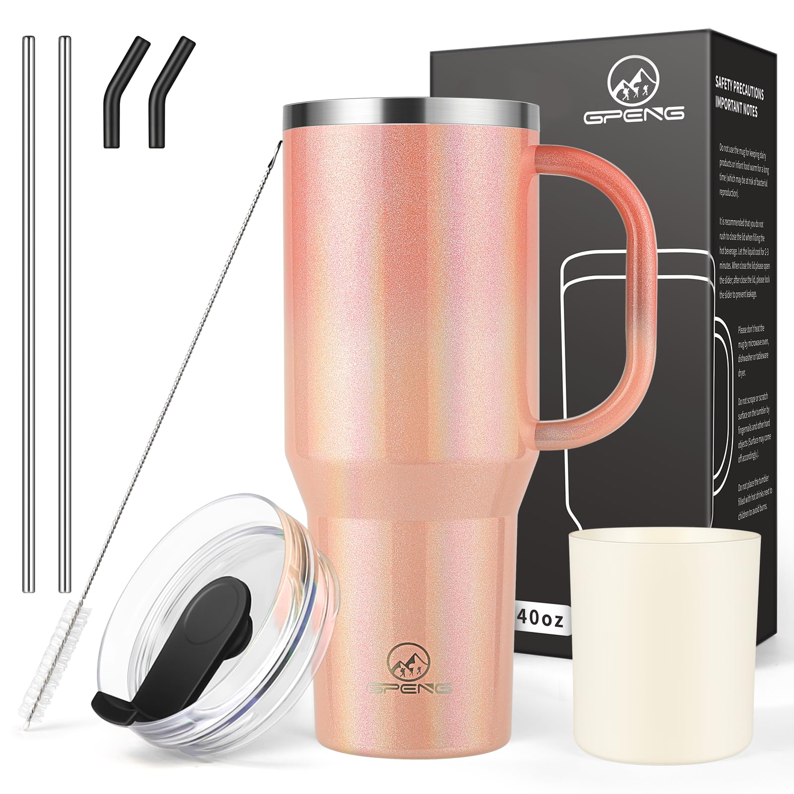 Gpeng 40oz Tumbler with Handle, Leak-proof Lid and Straw(Graduated-pink)