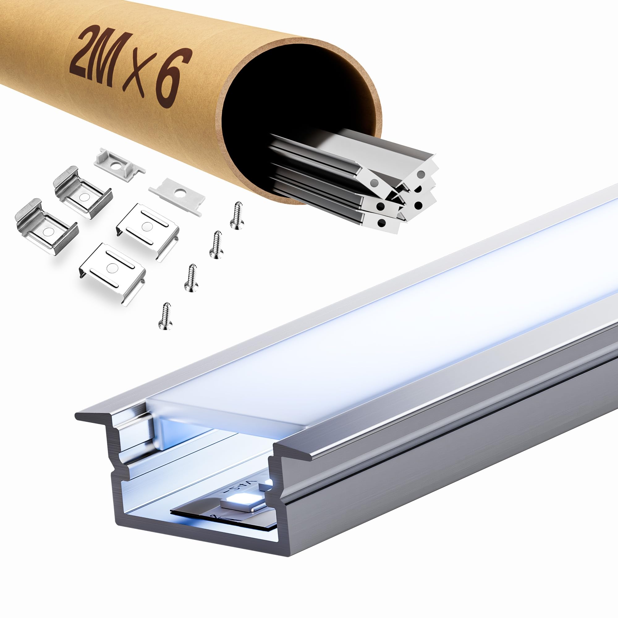 6 profile aluminiowe po 2 metry na taśmy LED (12 m), kanały z matowym przykryciem, max. 16,7 mm, profil aluminiowy 26,7 x 10 mm
