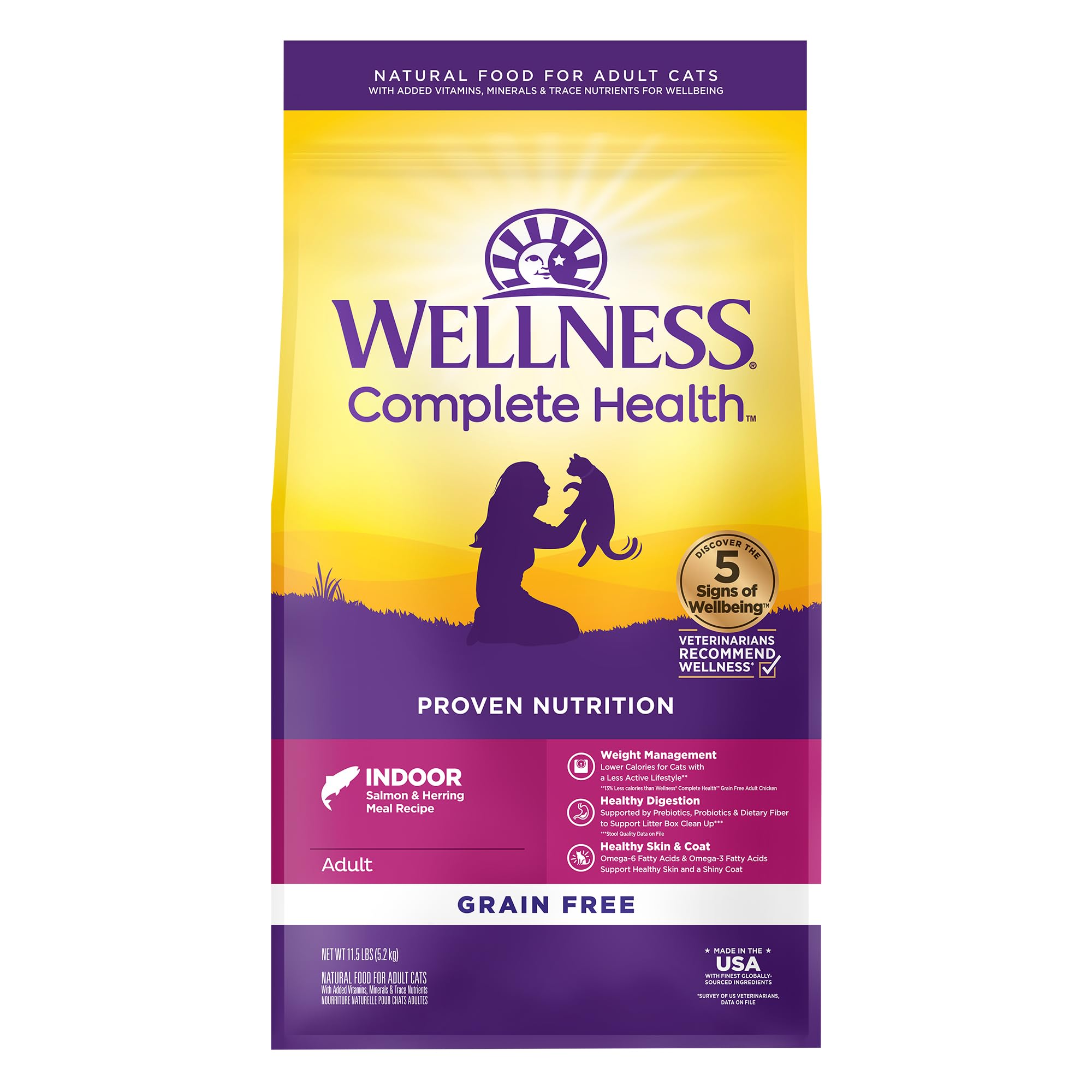 Wellness Complete Health Adult Dry Cat Food for Indoor Cats, Grain Free, Natural, Salmon and Herring Meal (11.5 Pound Bag)
