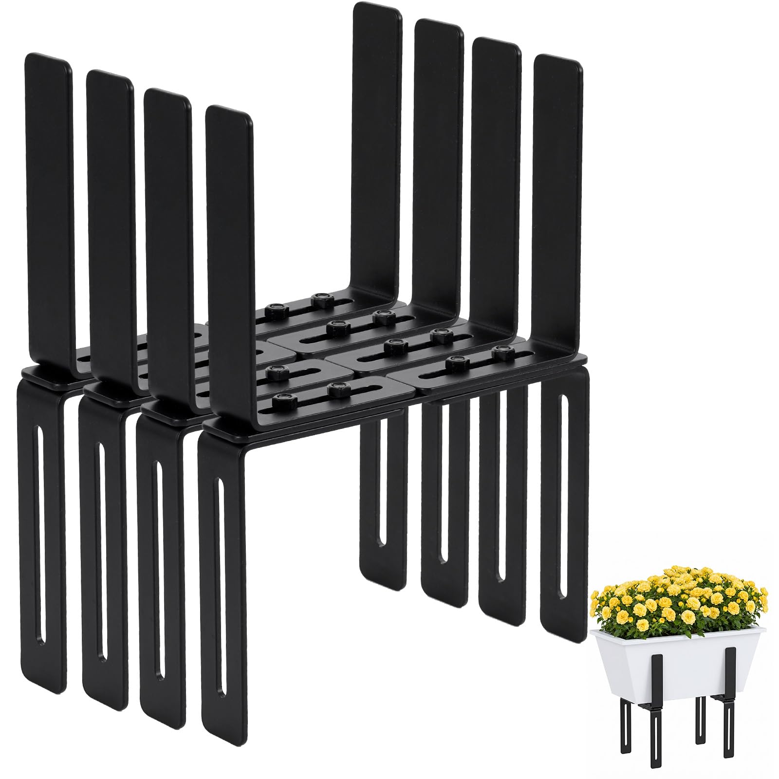 2er H-Form Blumenkastenhalterung für Balkongeländer, Ohne Bohren, 2-Fach Verstellbar,Passend für Balkonkasten 15–23 cm und Geländer 1,5–32 cm, Stabiler MetallBalkonkasten Halter (Schwarz, 4)
