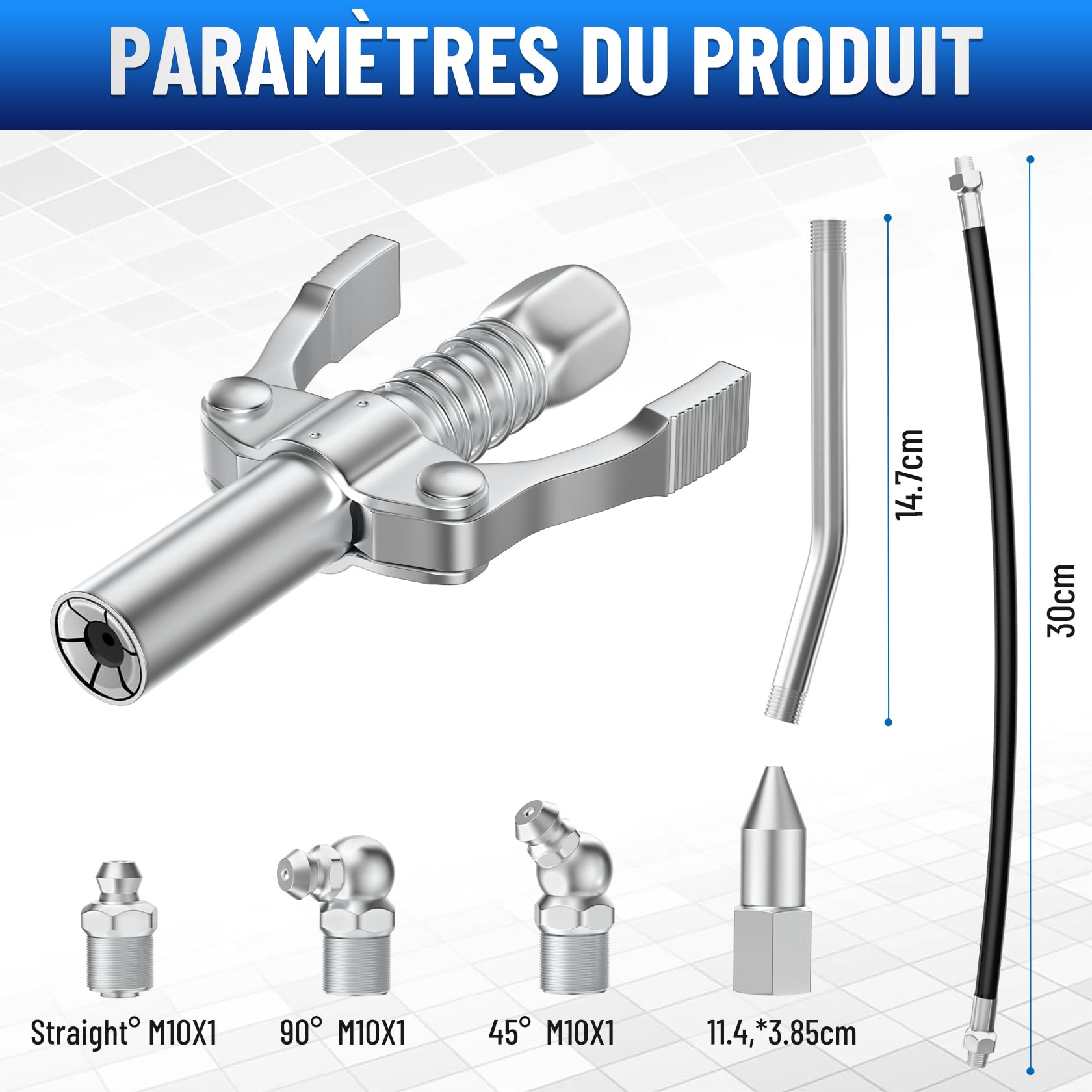Pompe a Graisse, Double Poignée G Coupler Raccord de Pistolet à Graisse avec Tuyau de 30 cm, Verrouillage Pistolet à Graisseur pour Tous Les Types de Presses à Graisse
