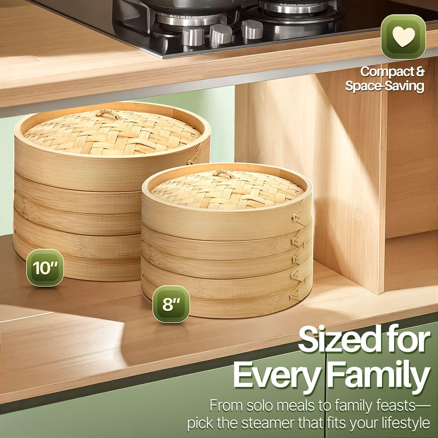 Flexzion Set vaporiera cestello per cucina a vapore in bambù (25 cm / 10 pollici) con 50 strisce per cottura e 2 paia di bacchette, Accessori elettrodomestici di bamboo per cottura di alimenti