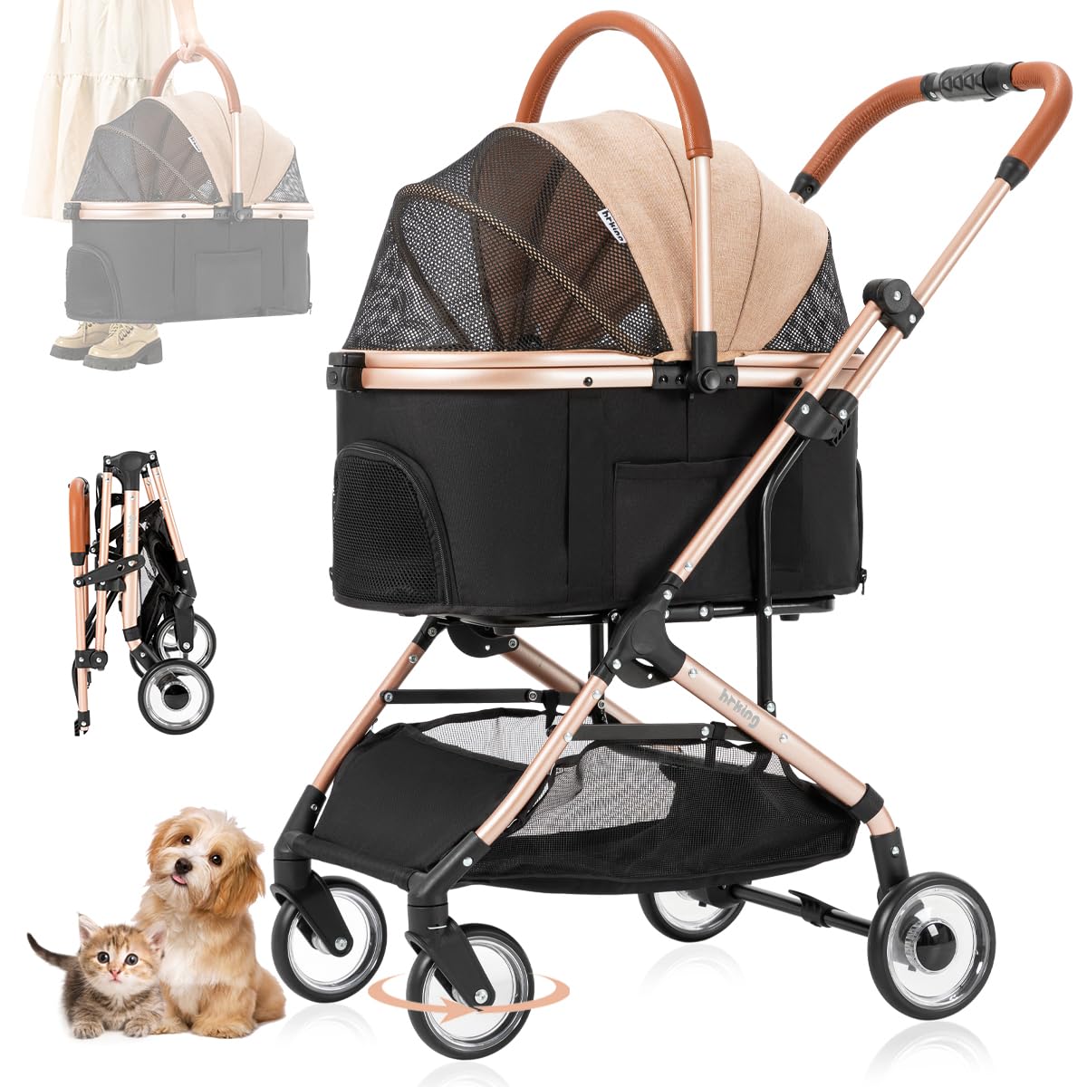 Nastarki Carro para Perros Cochecito Plegable Mascotas 2 en 1 Carrito para Perros Gatos Carro Perro Plegable 15 Kg Cochecito Perro Mediano con Cesta de Almacenamiento (Caqui)