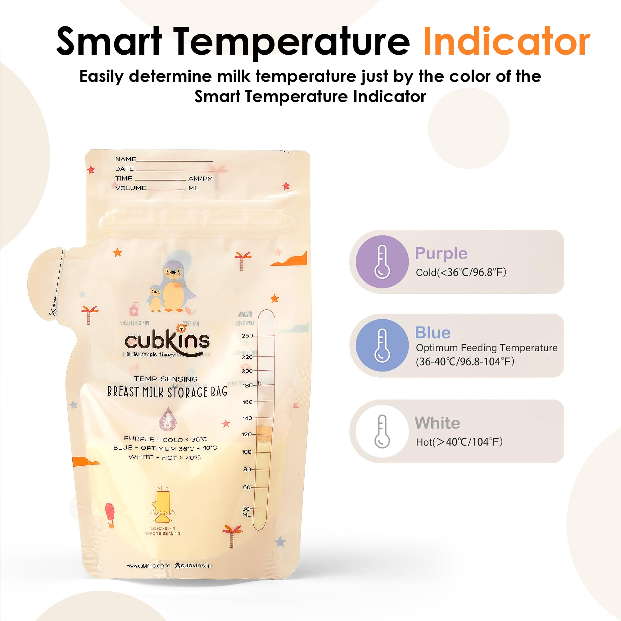 CUBKINS Breast Milk Storage Bags (Pack of 25), Pre-Sterilized, Smart Temp Sensor, BPA Free, Single Use, Leak Proof Double Zip, Separate Fill & Pour Spouts, 250 ml Capacity, Marker Included,Beige - Image 3 thumbnail