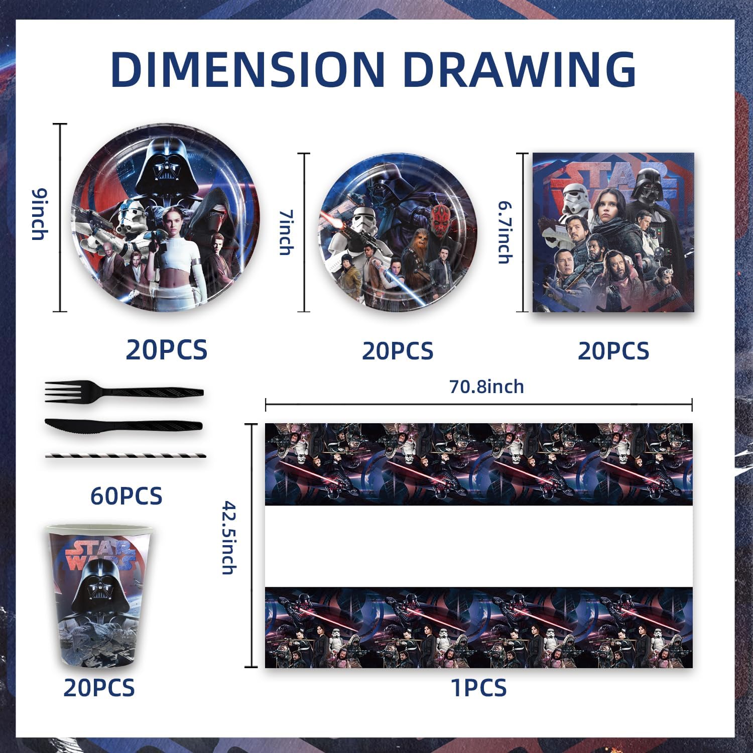 141PCS Star Wars Party Supplies, Party Tableware Set for 20 Guests，theme Birthday Decorations ，Used for Birthday Party Supplies