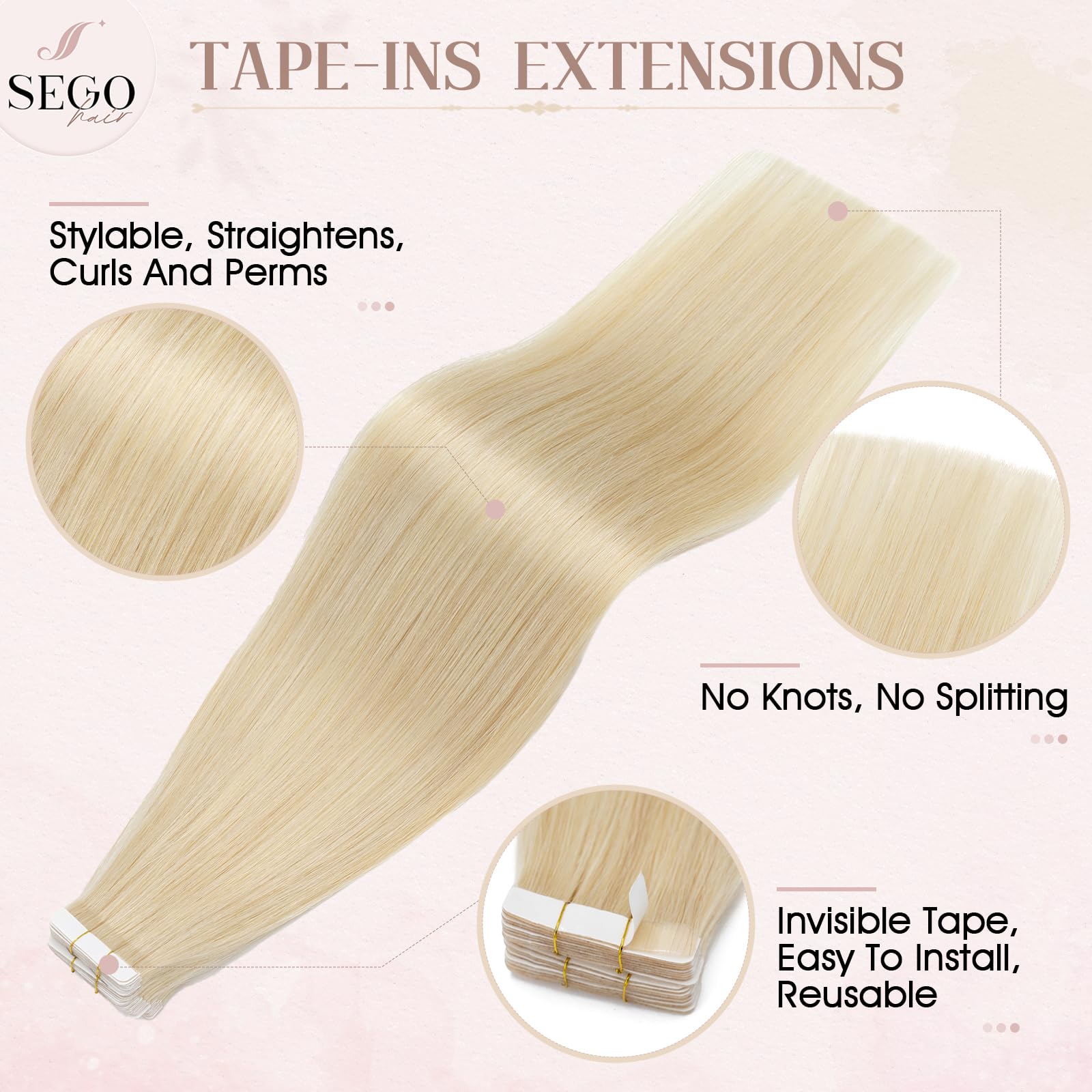 SEGOHAIR Tape in Hair Extensions Human Hair, 12" Invisible 10Pcs Real Hair Straight Natural Remy Tape Hair Extensions - Bleach Blonde - Image 3