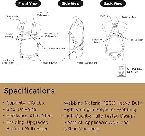 Miniatura 7 de AFP Arnés de seguridad universal de protección contra caídas de cuerpo completo con anillo en D dorsal y patas de hebilla de acoplamiento  Techo,