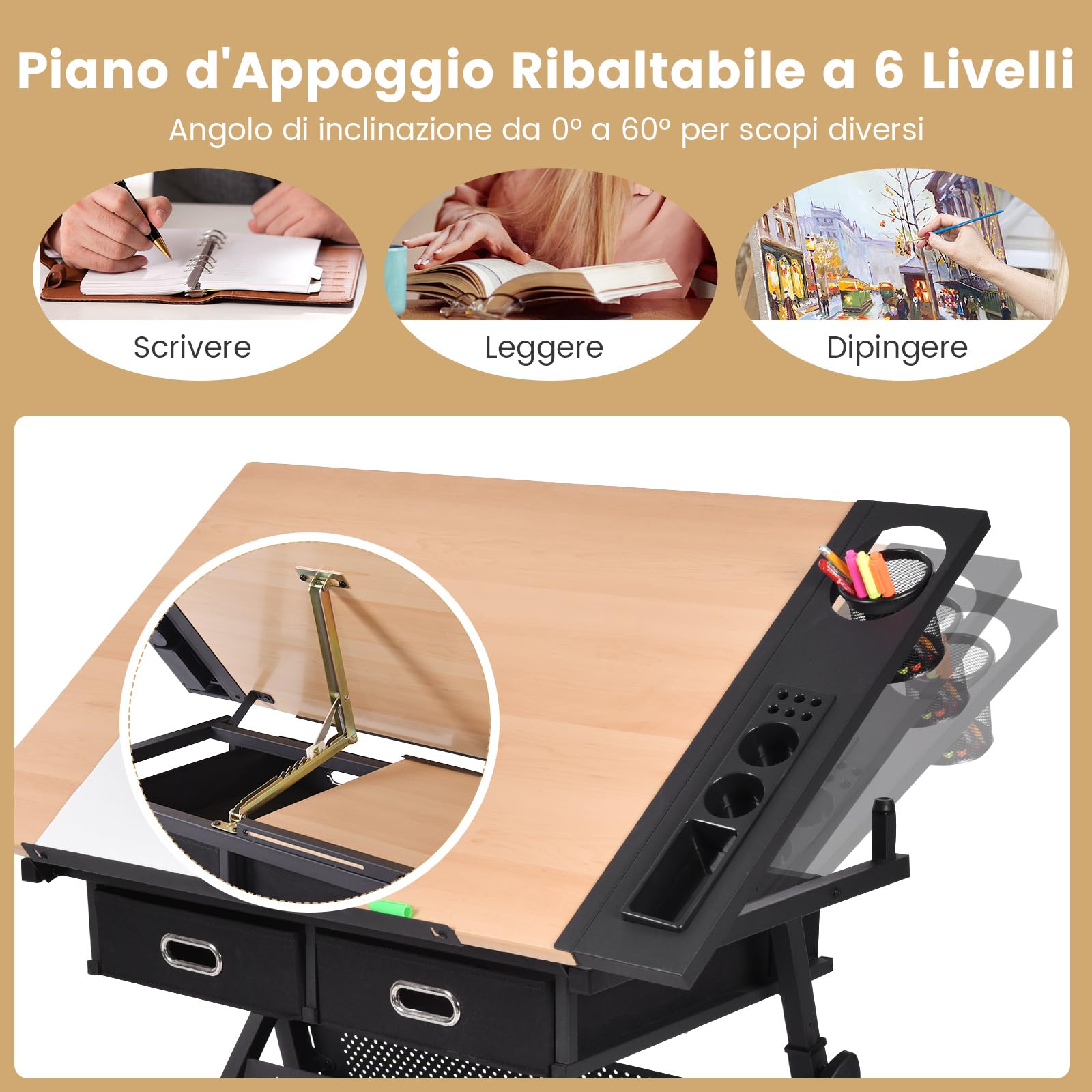 GYMAX Tavolo da Disegno Regolabile in Altezza, Scrivania Regolabile in Inclinazione, Tavolo per Dipingere con Sgabello, 119 x 60 x (73,5-98) cm (NATURALE)