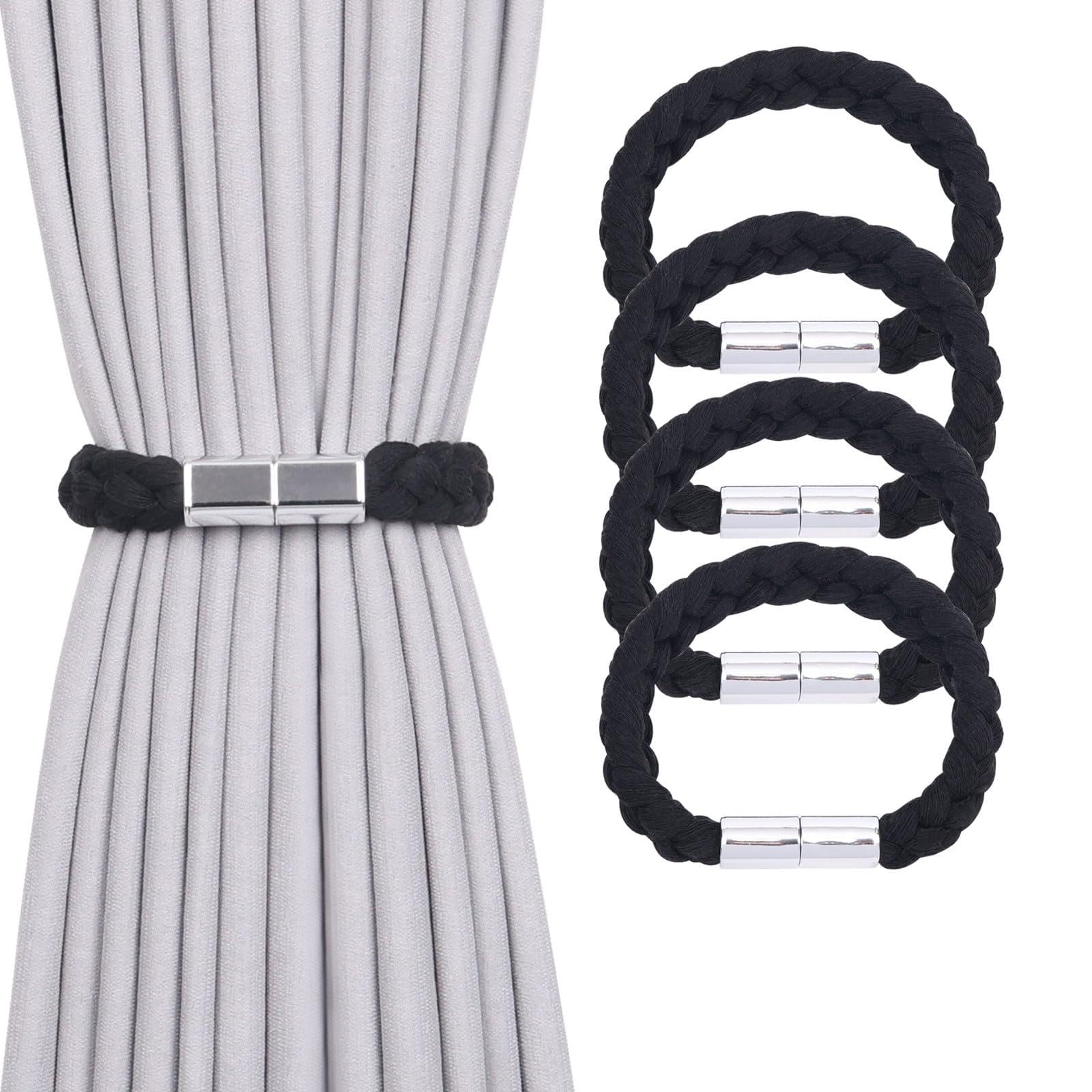 Pretty Jolly 4 Pack Twisted Braid Rope Magnetic Curtain Tiebacks Elegant Hand-Woven Style Drape Tie Backs Soft Natural Cotton Rope Curtain Holdbacks for Home & Office Window Draperies (Black)