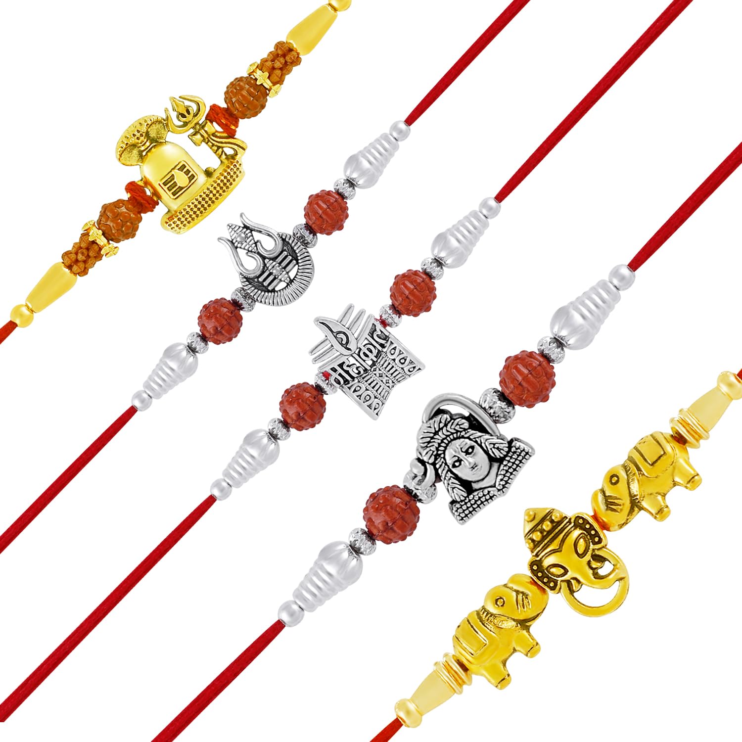 Rhodium and Gold Plated Rakshabandhan Rakhi Set of 5 Auspicious Shivling,Lord Shiva,Mahakaal and Ganesha and Trishul Style Adjustable Rakhi Combo Set For Dearest Bhai/Bhaiya/Brother CO1000494COM-image-28