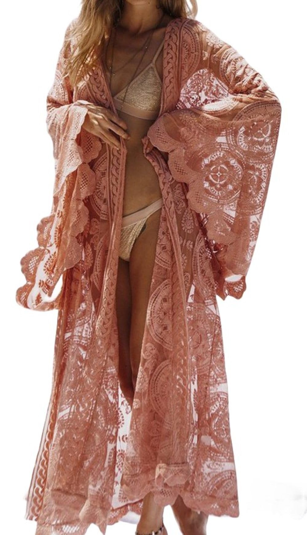 Damen Strickjacke leicht mit Blumenspitze langärmelig Kimono Strickjacke Boho lockeres Strandkleid Elegantes durchsichtiges Strandkleid Bolero Achselzucken Mantel Abend Bikini Ver