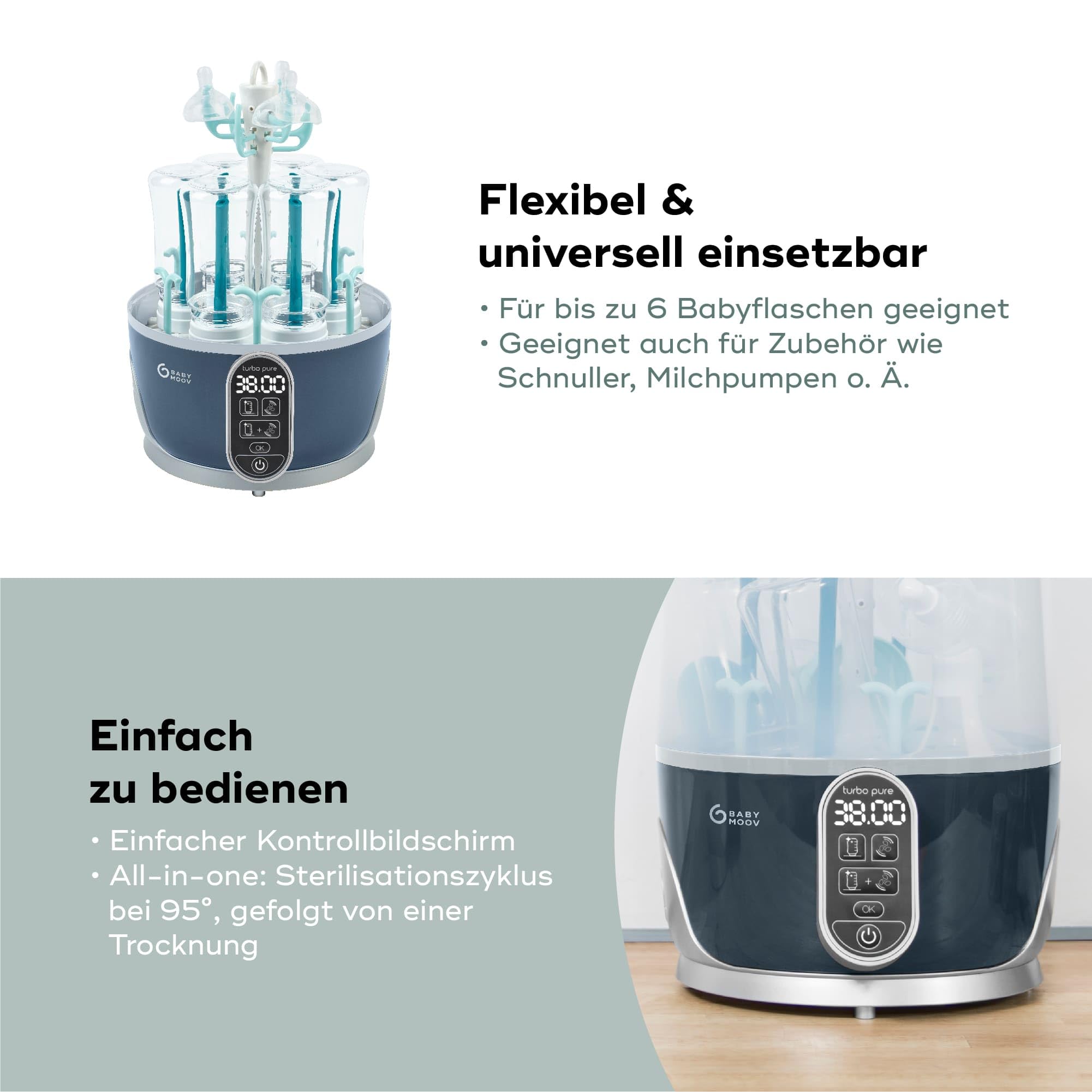 Babymoov Turbo Pure 2-in-1 Sterilisator und Flaschentrockner für Babyflaschen, 6 Flaschen Kapazität, Multifunktional für Babyzubehör