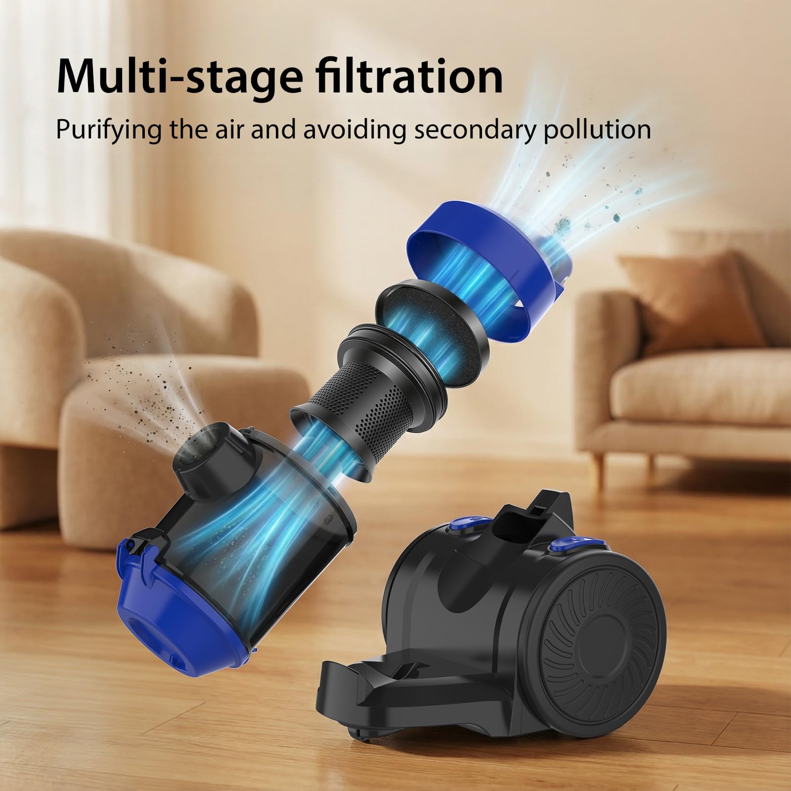DayPlus Aspiradora sin bolsa de 1200 W, boquilla para suelo de parqué, alfombra, azulejos, filtro higiénico, cable largo de 4 m, silencioso, compacto y ligero