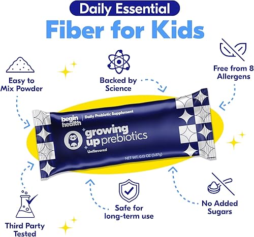 Miniatura 4 de Begin Health Growing Up Prebióticos para niños 28 paquetes | Suavizantes de heces en polvo soluble en prebióticos y suplemento digestivo para la
