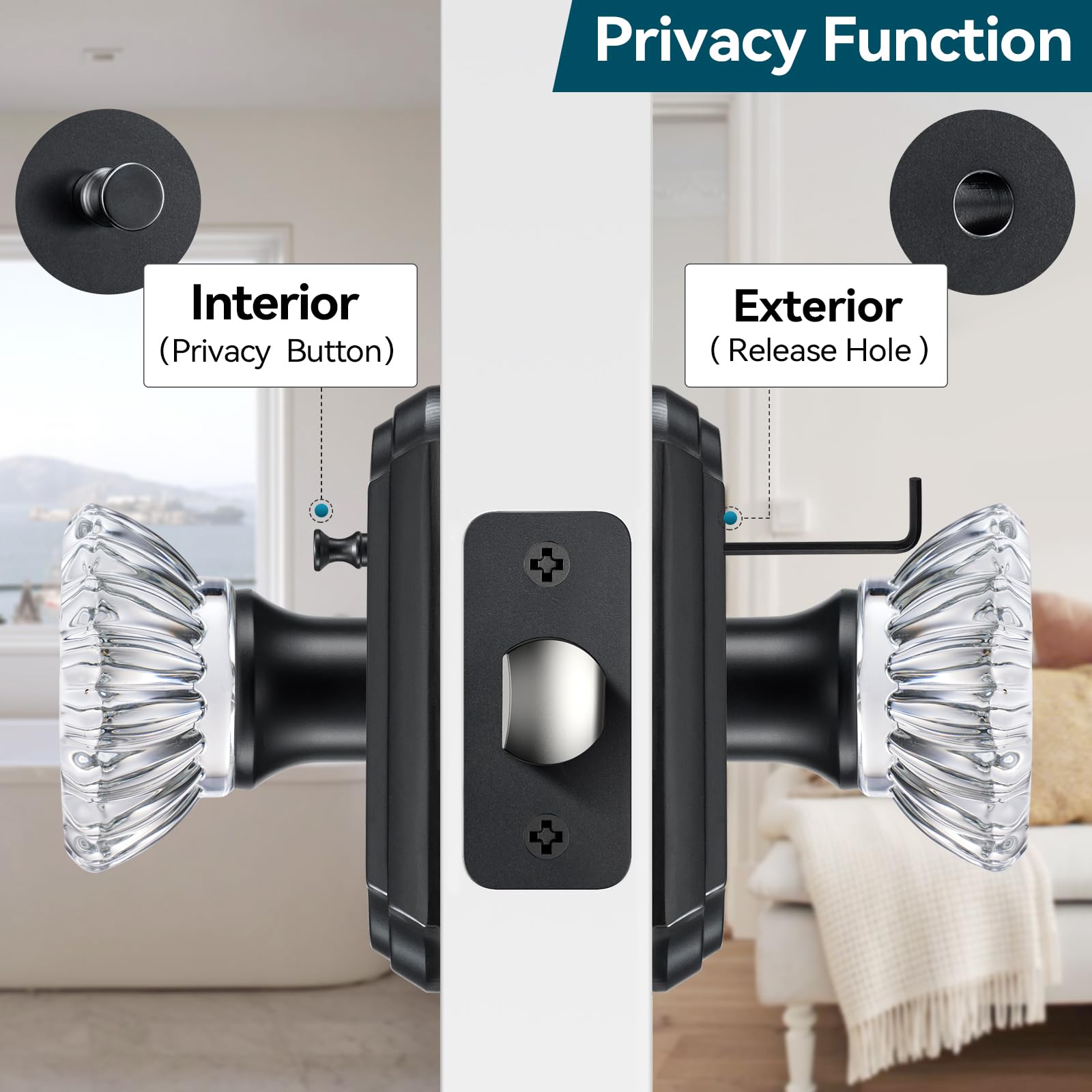 Matte Black Crystal Glass Door Knobs with Lock -4