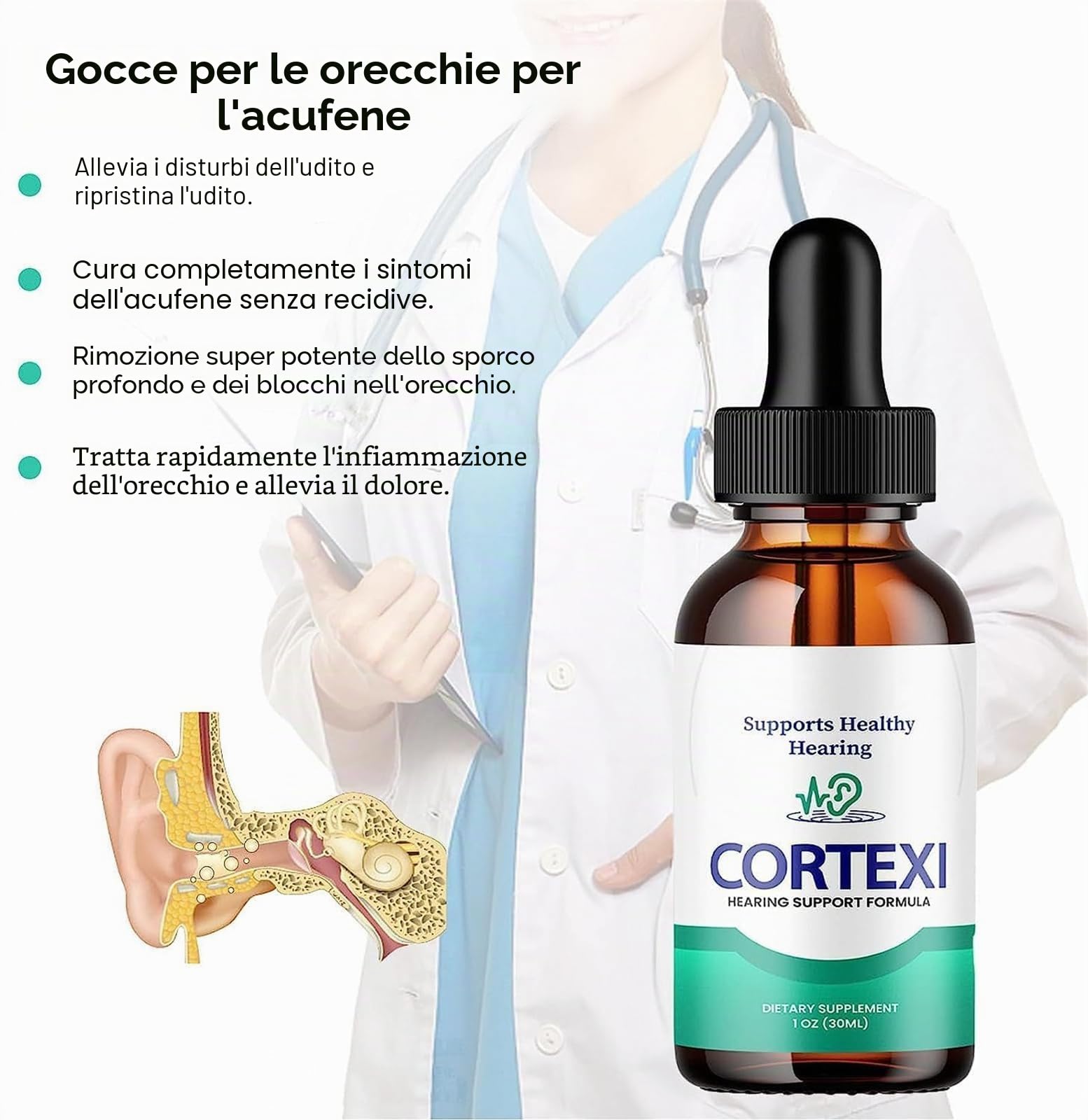 Cortexi - Gocce auricolari per acufene, cortexi, per la salute dell'orecchio, supporto dell'udito, sollievo dall'acufene, gocce per le orecchie all'olio d'oliva, olio d'oliva di grado medico per
