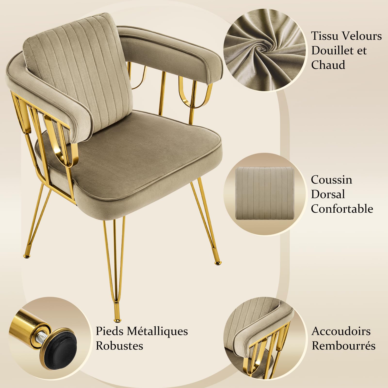 Hellove Chaise Coiffeuse Velours avec Accoudoirs, Fauteuil Salon Métal Doré – Vanity Chaise Moderne pour Chambre à Coucher, Salle à Manger, Coussin Décoratif Inclus, Brun