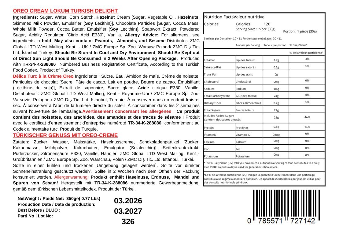 Mughe Gourmet Lokum Delicia Turca de Crema de Galleta Sándwich de Cacao – Lata de Regalo de 350 g