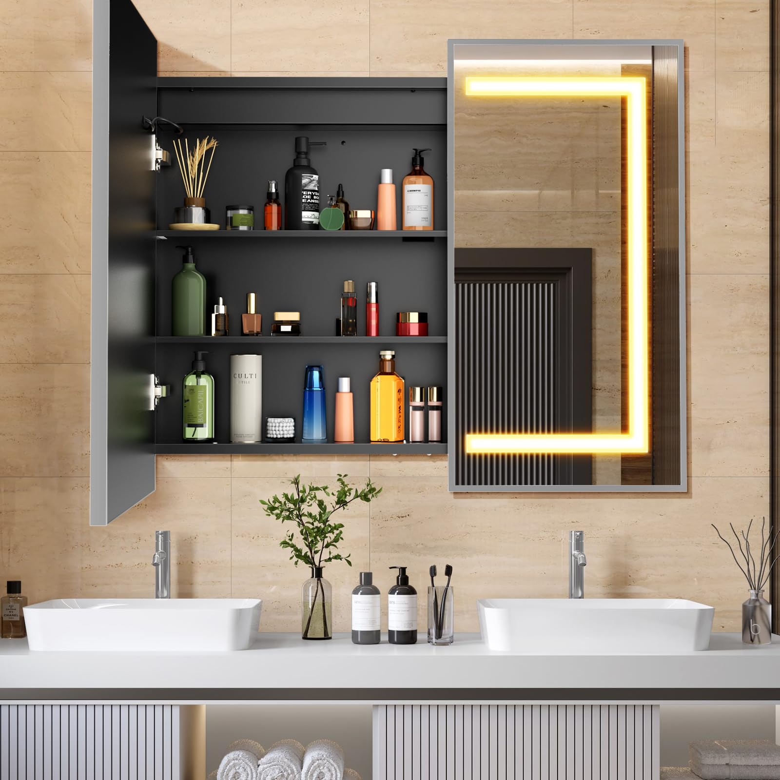 Similar to stock photo 36X30 Inch Silver Bathroom Medicine Cabinet with Mirror, Recessed or Surface Lighted Medicine Cabinet with 3 Colors Temperature, Dimmable Light