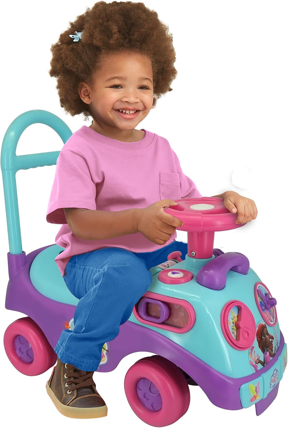Kiddieland Disney Junior Ariel Ride-On Toy with Lights & Sounds, Toddler Push Car with Under-Seat Storage, Foot-to-Floor, Ages 12–36 Months, 55 lb Limit, Indoor/Outdoor