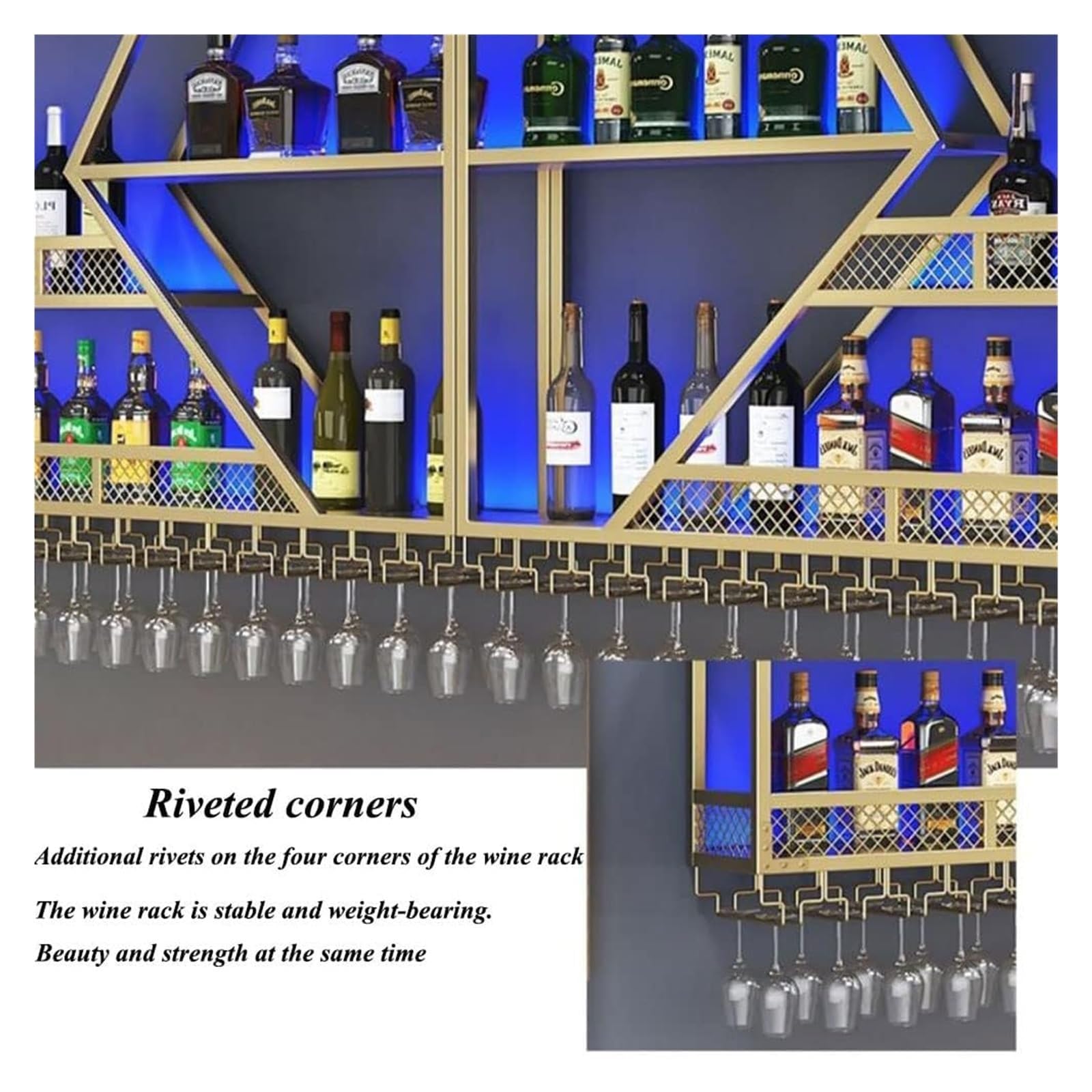 Estante para Botellas de Vino de Pared con Soporte para Copas y luz LED, Soporte metálico para Botellas, Estante de exhibición para Bar, Sala de Estar, Restaurante, Decor