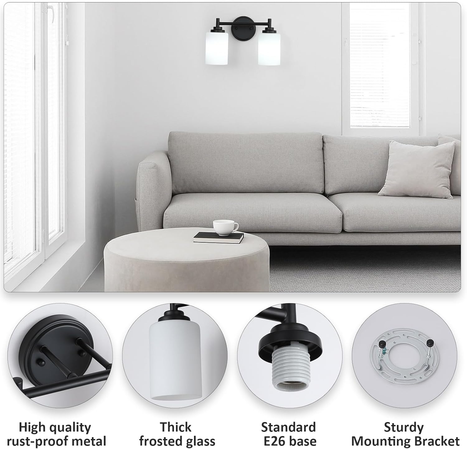 Matte Black Bathroom Light Fixtures,2-Light Bathroom Vanity Light Over Mirror with White Frosted Glass Shade,Modern Farmhouse Wall Sconces Lighting for Bedroom Cabinet Kitchen Living Room