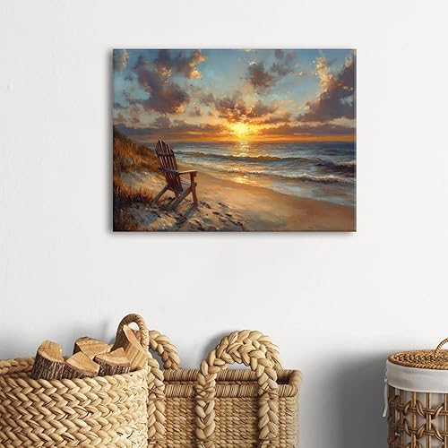 Miniatura 4 de Arte abstracto de pared de playa, puesta de sol, paisaje costero, decoración de pared, silla de playa, paisaje marino, ondas, lienzo, pintura de