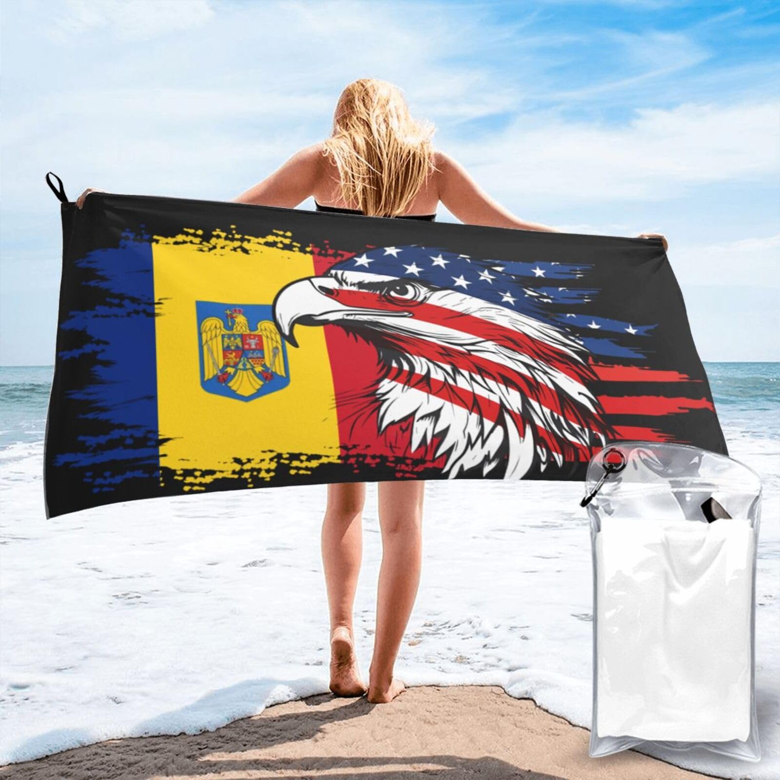 HACXZ America Flag and Romania Romanian Flag Microfiber Beach Towel Lightweight Absorbent Travel Pool for Men Women 31.5"X63"