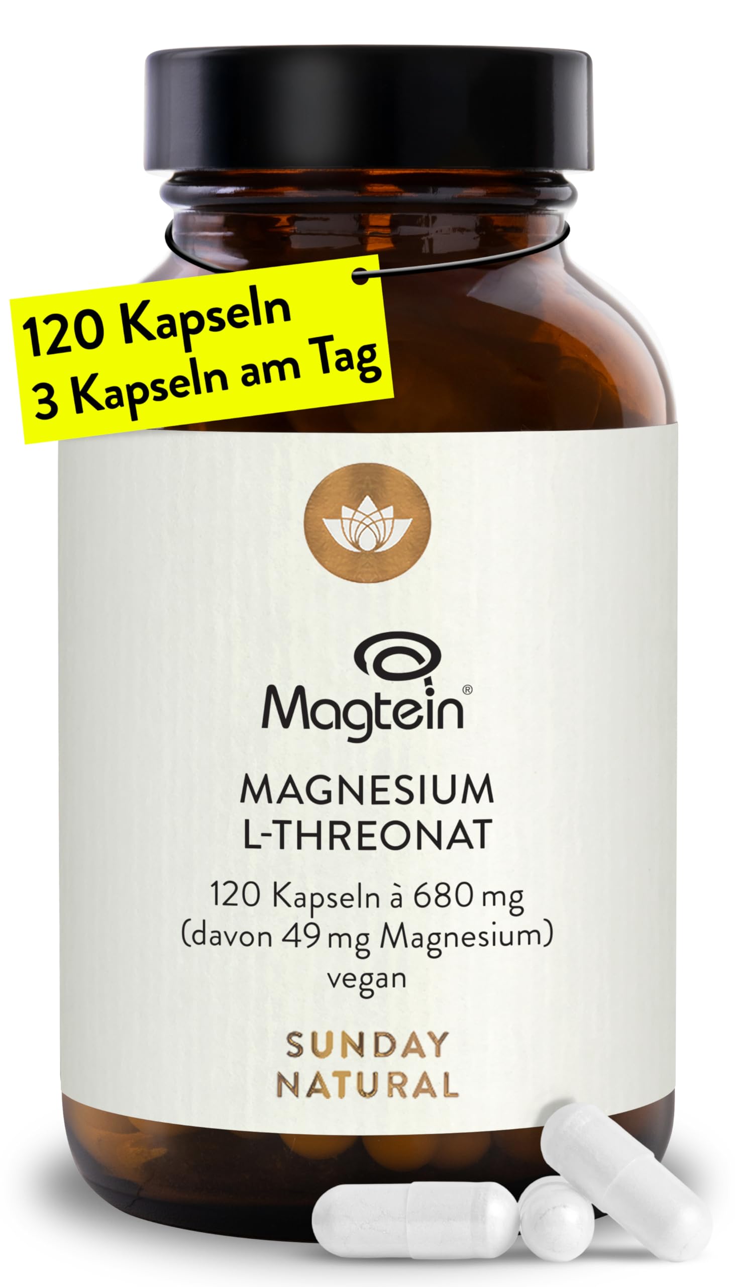 SUNDAY NATURAL® Magnesium Threonate - Markenrohstoff Magtein® –120 Kapseln L-Threonat – 2.040mg Magnesium L-Threonate pro Tagesdosis – zur Versorgung des Nervensystems – Laborgeprüft, vegan