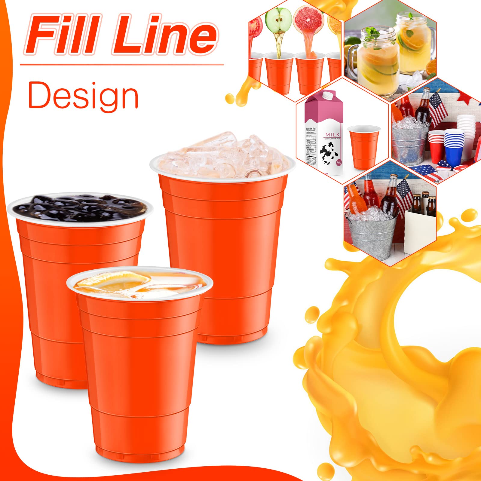 Lounsweer 100 Stück 473 ml Kunststoffbecher, robuste Trinkbecher, Einwegbecher, Partybecher, Wasserbecher, Tasse für Getränke, Soda, Punch, Grill, Picknick (Orange)