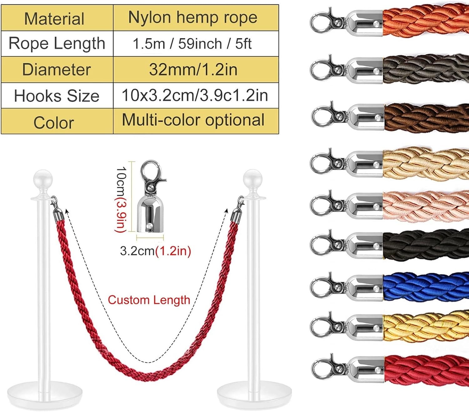 Stanchion Queue Barrier Rope, 2 pcs Exquisite Crowd Control Divide Rope with Silver Hooks, Party Event Museums Wedding (Red 1m/3.2ft)
